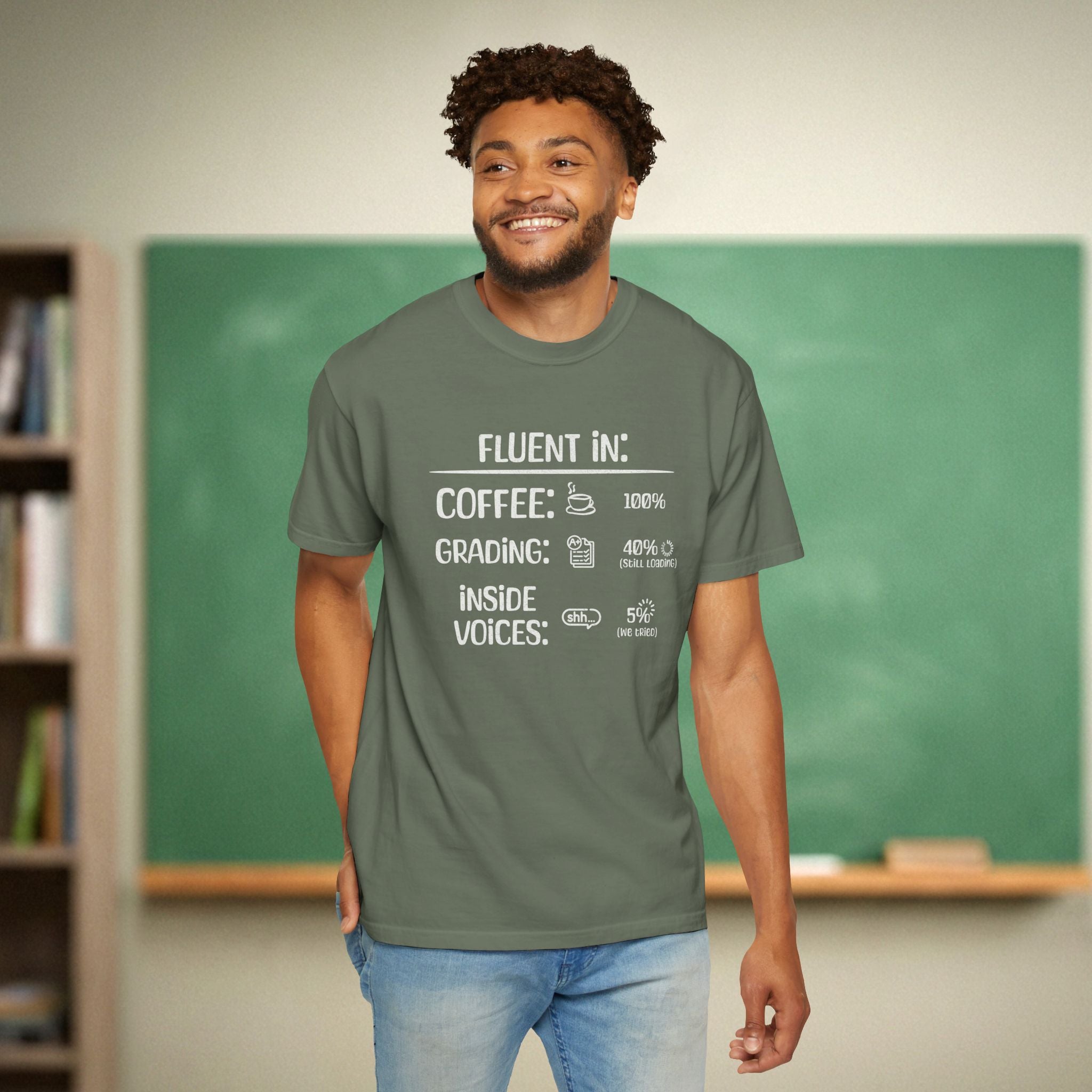 Fluent In Coffee and Grading Teacher Shirt | Funny Teacher Humor Tee | Inside Voices Attempted