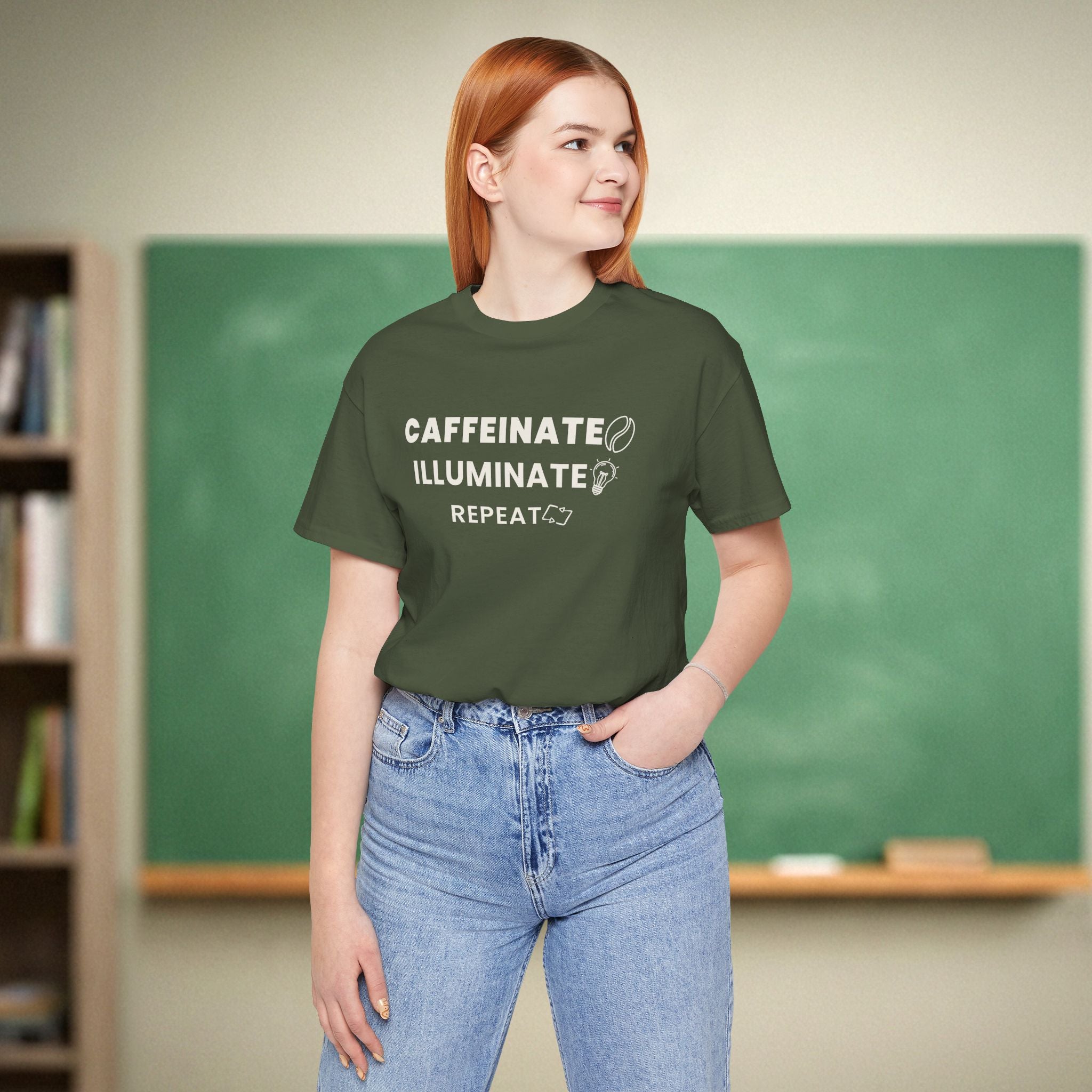 Caffeinate Illuminate Repeat Teacher Shirt | Daily Mantra Coffee Tee | Relatable Teacher Tee