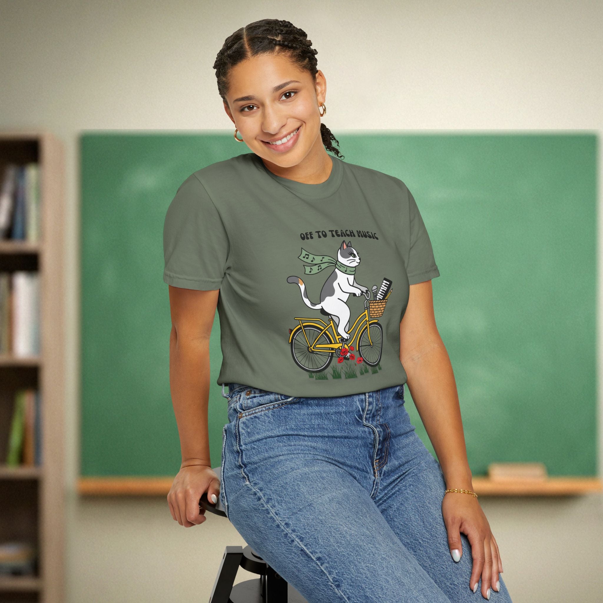 Music Teacher Cat Shirt | Yellow Retro Cruiser Bike Floral Tee | Premium Comfort Colors 1717 Vintage Tee