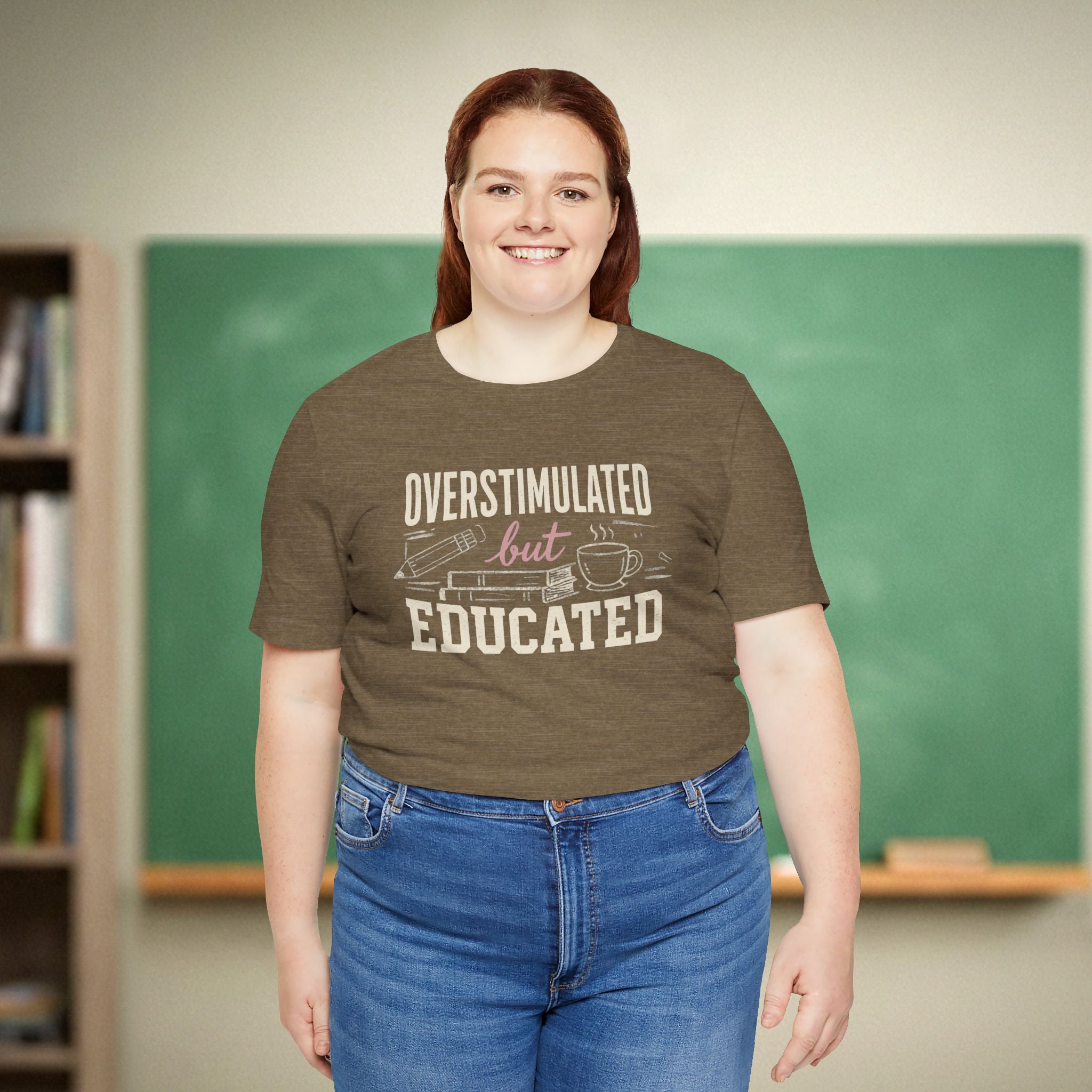 Overstimulated but Educated Teacher Shirt | Funny Coffee Book Tee | Premium Teacher Tee 🍎