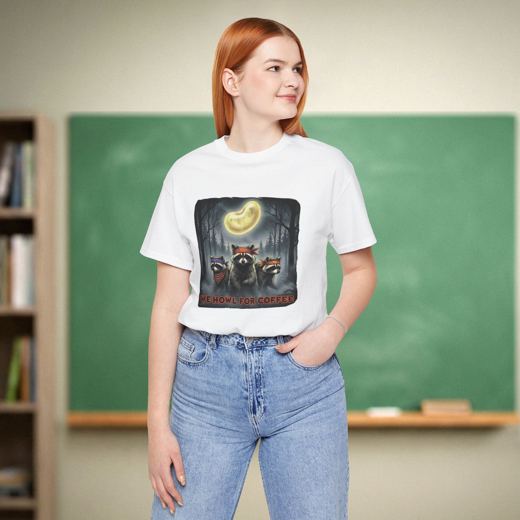 We Howl for Coffee Teacher Shirt | Retro Raccoon Coffee Moon Tee | Bella Canvas 3001