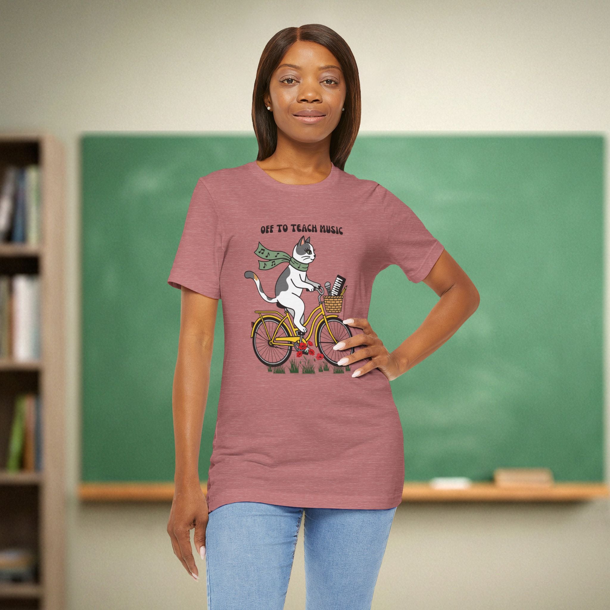Music Teacher Cat Shirt | Yellow Retro Cruiser Bike Floral Tee | Bella Canvas 3001