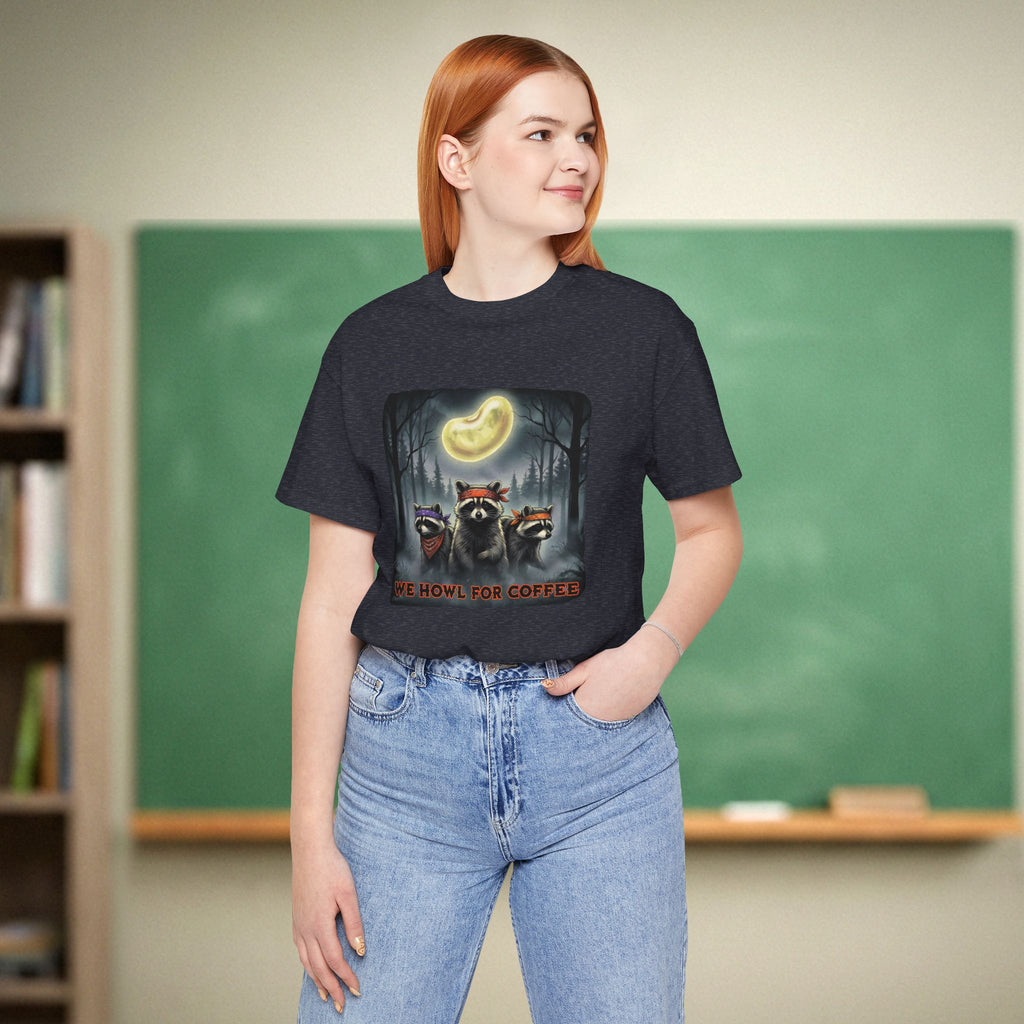 We Howl for Coffee Teacher Shirt | Retro Raccoon Coffee Moon Tee | Bella Canvas 3001