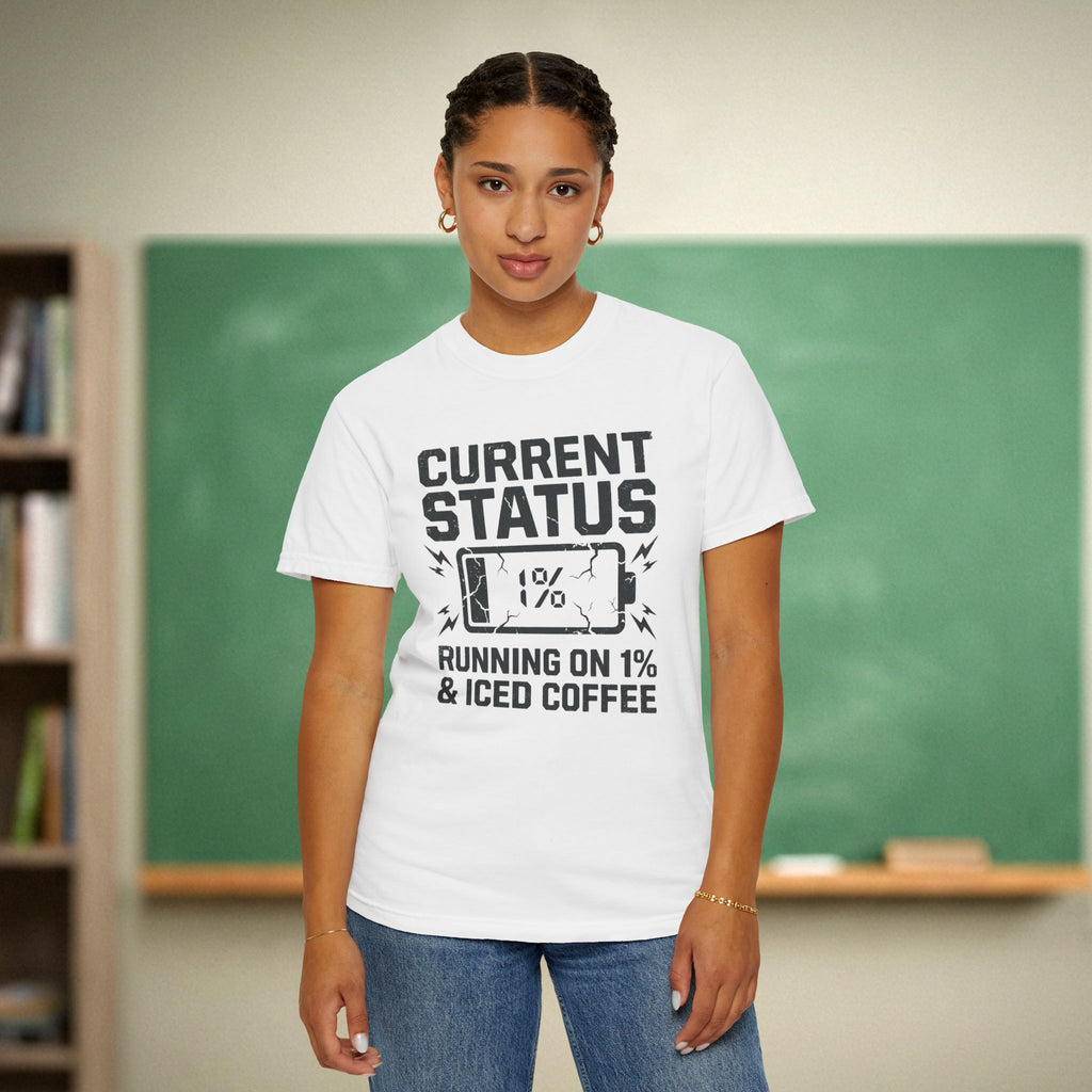 Running on 1% and Iced Coffee Teacher Shirt | Funny Battery Tee
