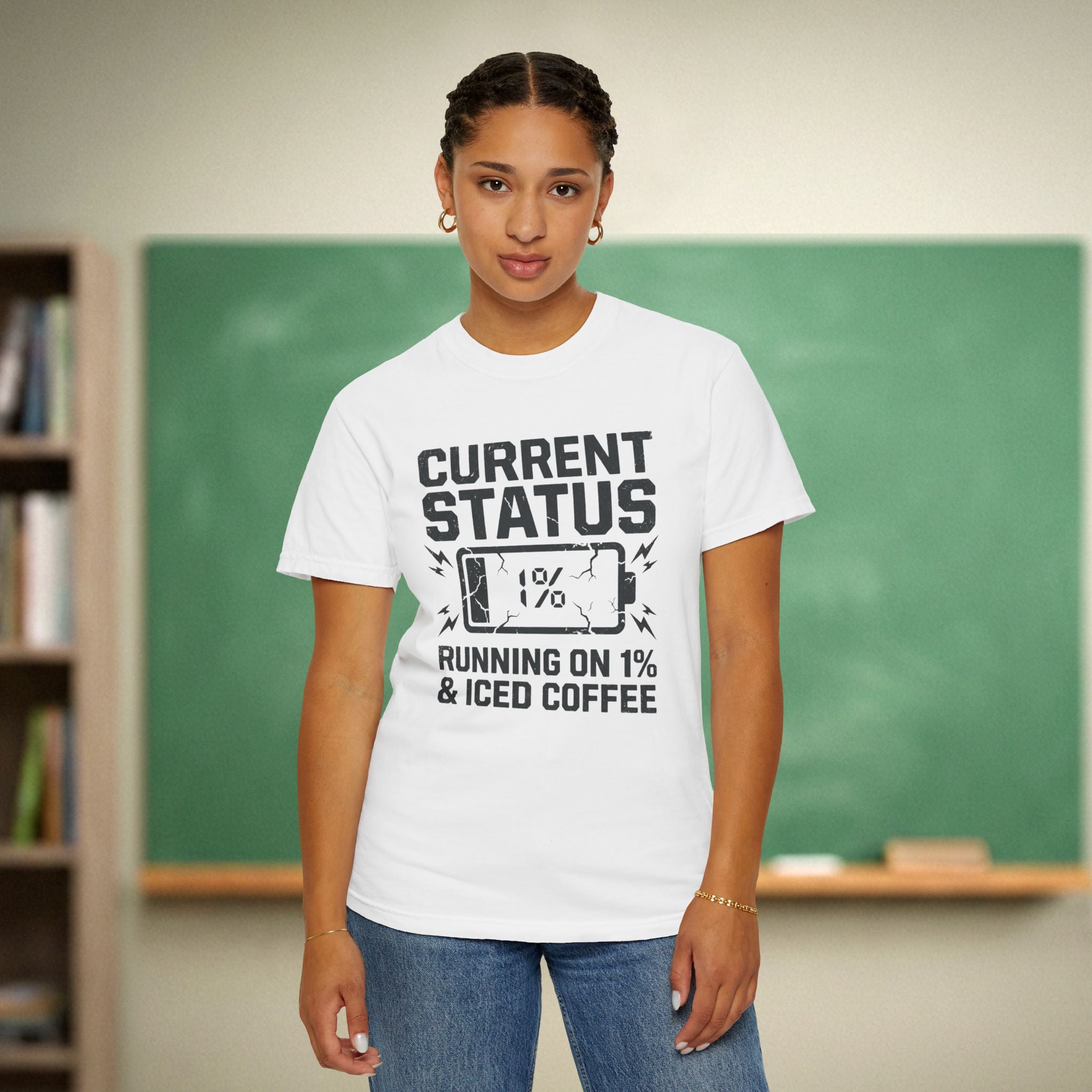 Running on 1% and Iced Coffee Teacher Shirt | Funny Battery Tee