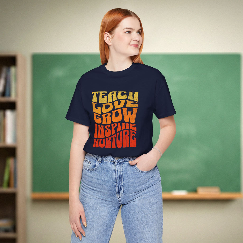 Teach Love Grow Inspire Nurture Teacher Shirt | Retro Groovy Teacher Tee | Bella Canvas 3001