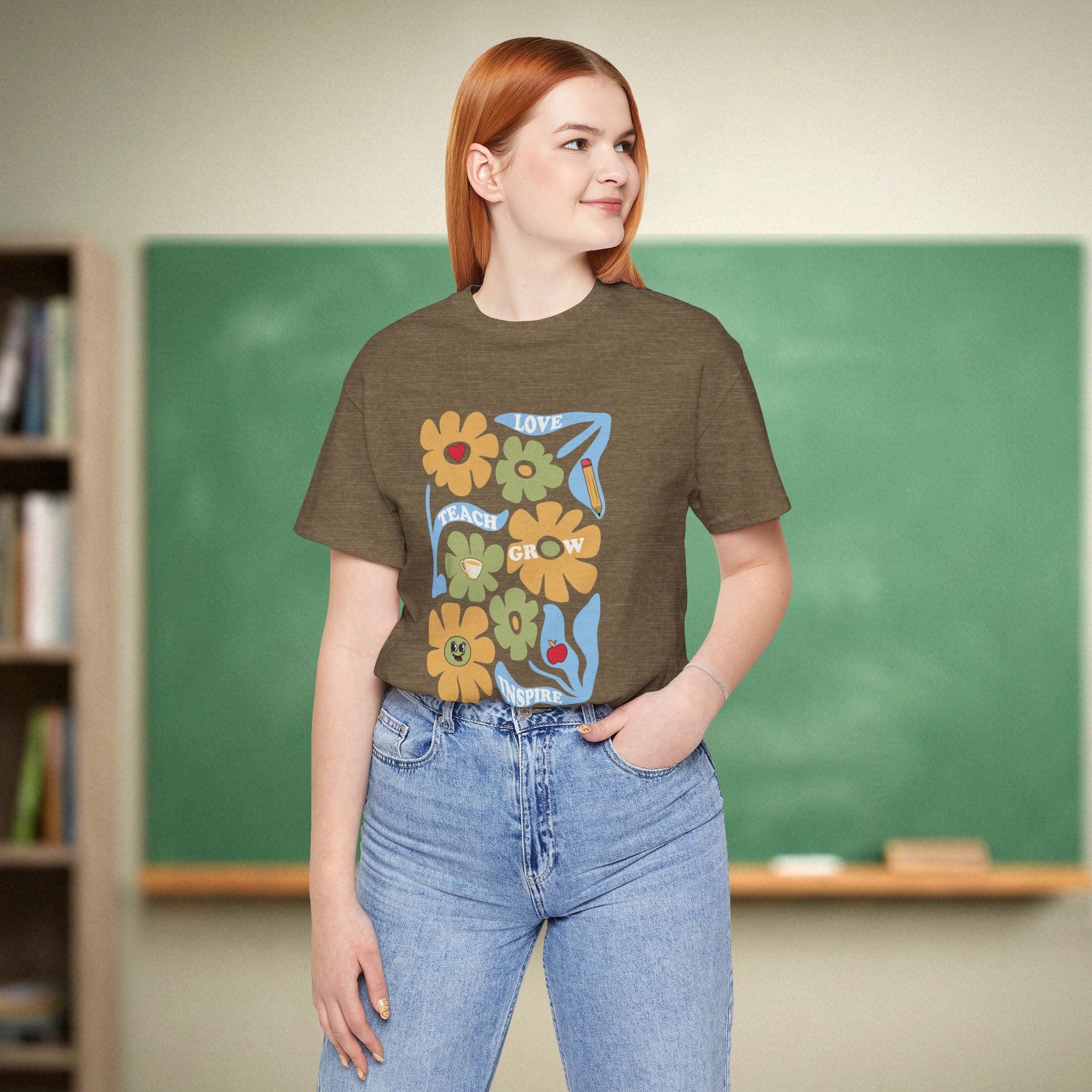 Teach Love Grow Inspire Floral Shirt | Retro Groovy Teacher Garden Tee | Aesthetic Teacher Gift | Bella Canvas 3001