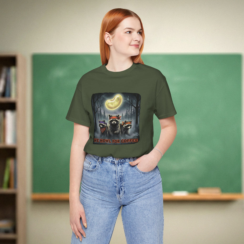 We Howl for Coffee Teacher Shirt | Retro Raccoon Coffee Moon Tee | Bella Canvas 3001