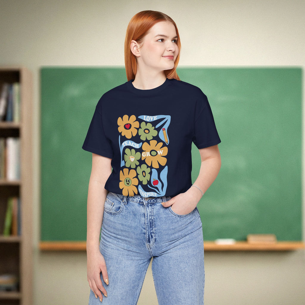 Teach Love Grow Inspire Floral Shirt | Retro Groovy Teacher Garden Tee | Aesthetic Teacher Gift | Bella Canvas 3001