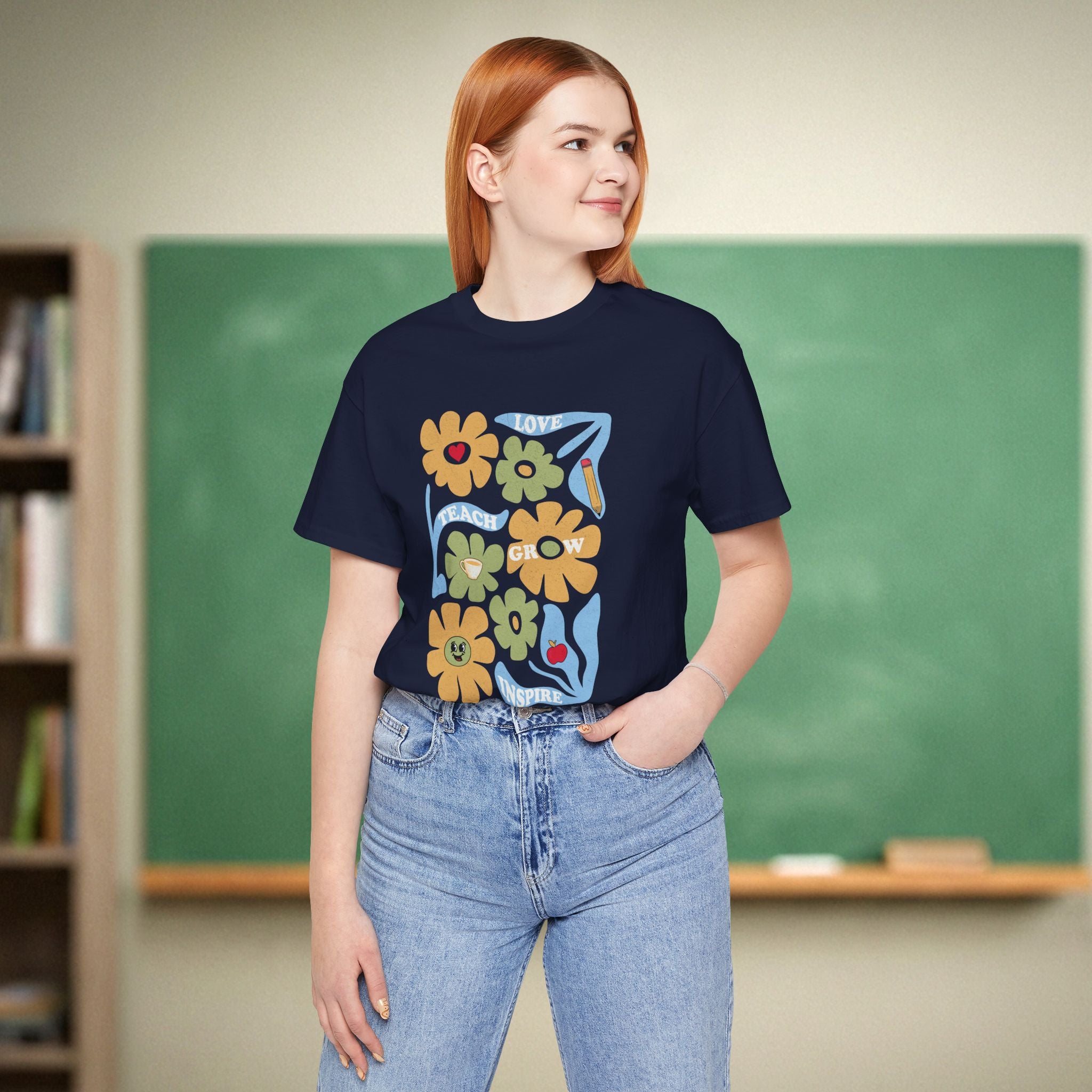 Teach Love Grow Inspire Floral Shirt | Retro Groovy Teacher Garden Tee | Aesthetic Teacher Gift | Bella Canvas 3001