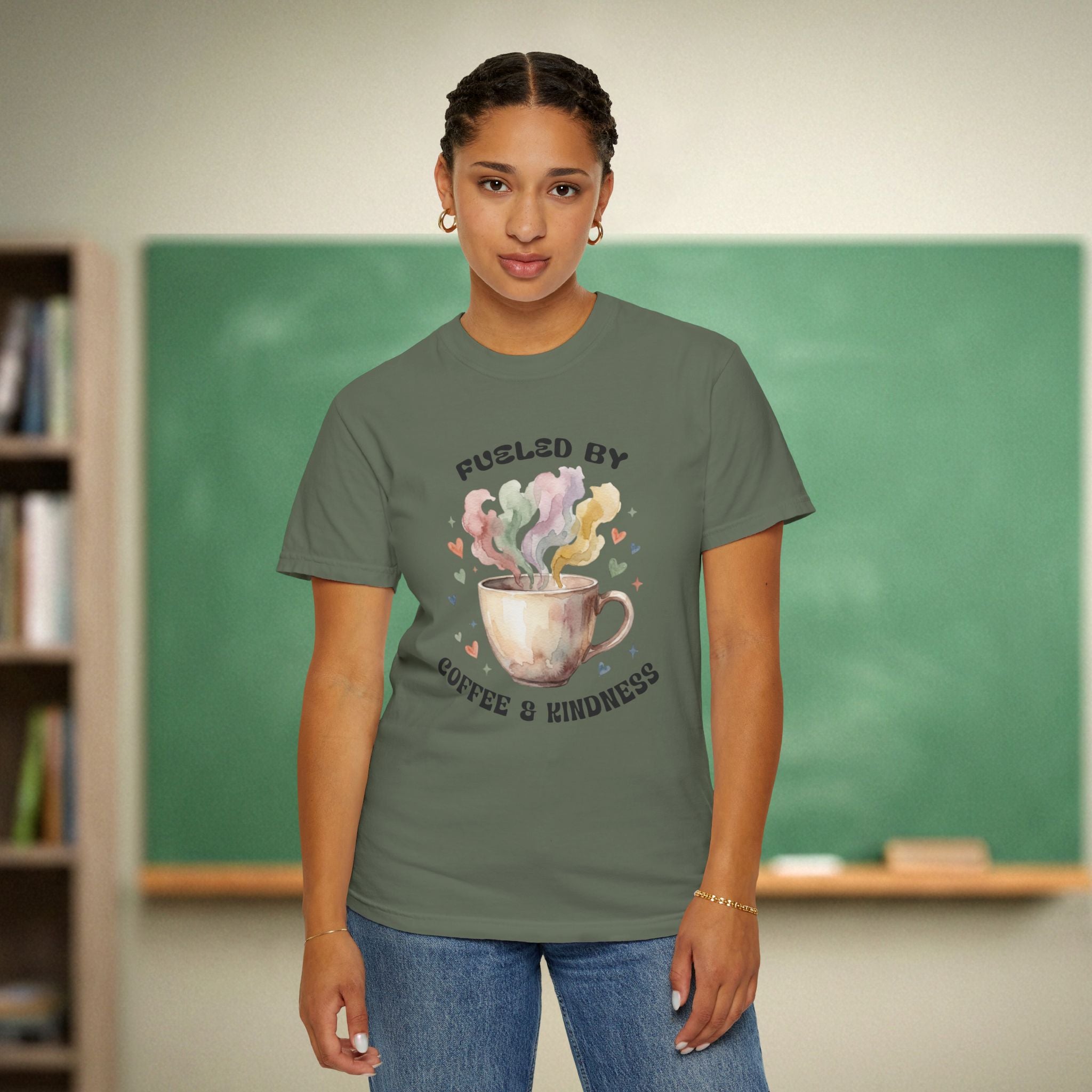 Fueled by Coffee and Kindness | Coffee Lover Teacher Shirt | Premium Comfort Colors 1717 Vintage Tee