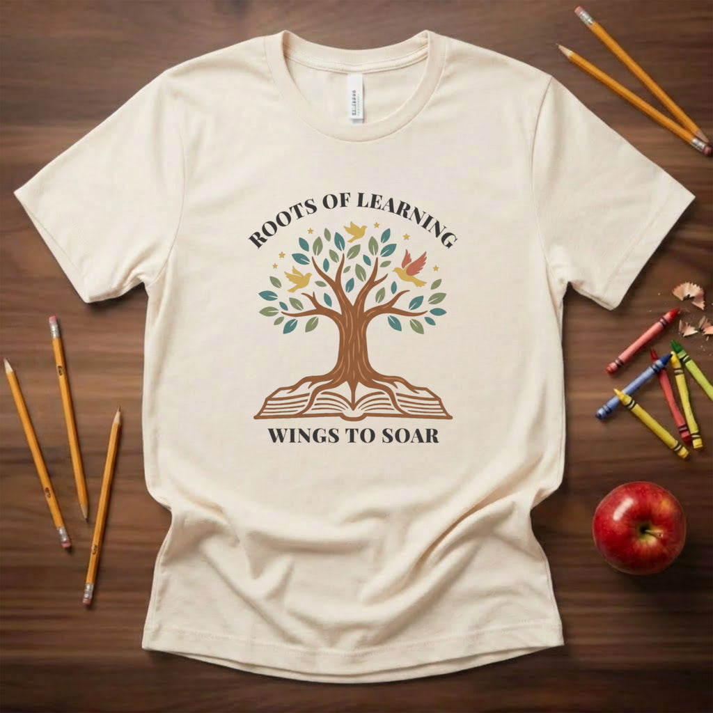 Roots of Learning Wings to Soar | Inspirational Teacher Shirt | Bella Canvas 3001