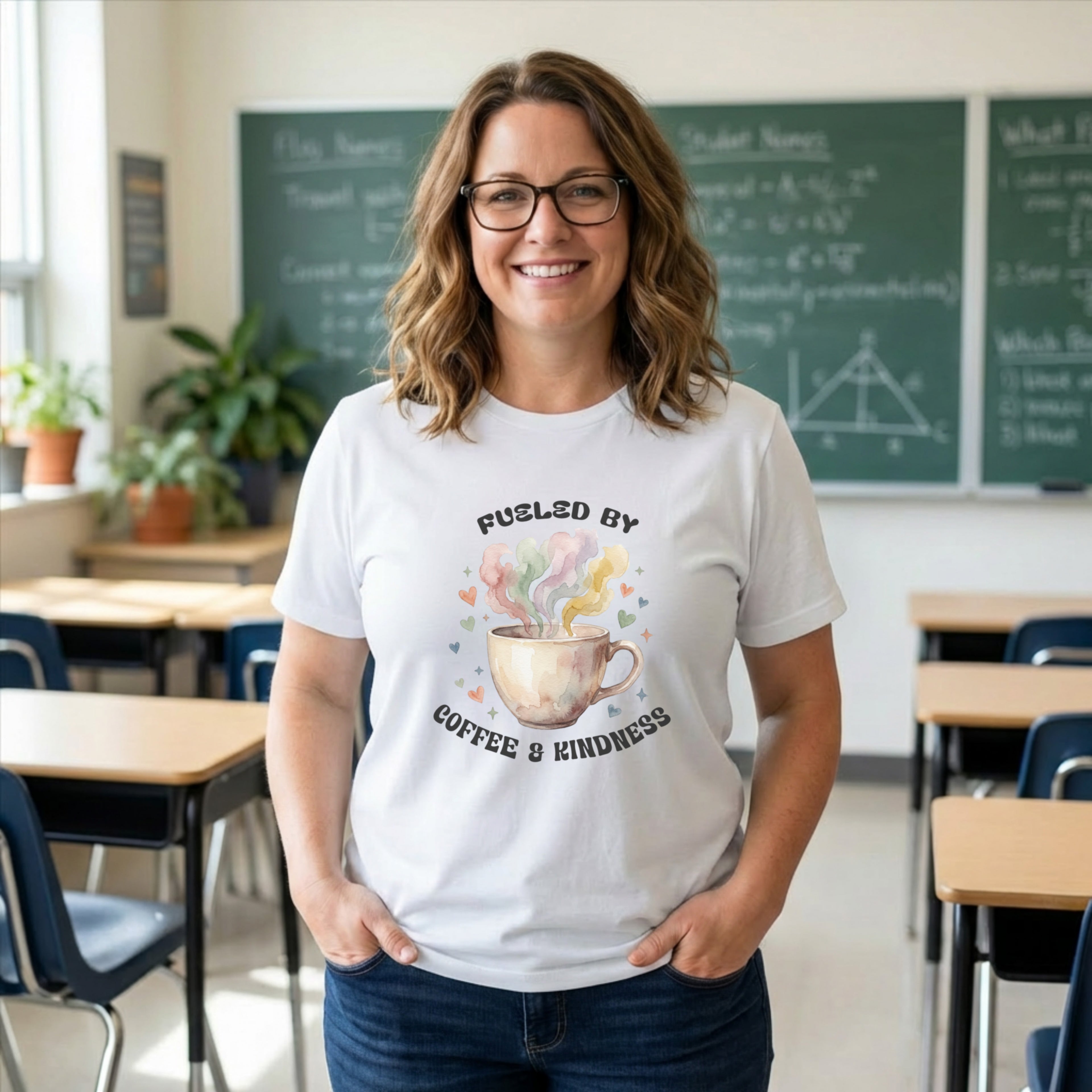 Fueled by Coffee and Kindness | Coffee Lover Teacher Shirt | Bella Canvas 3001