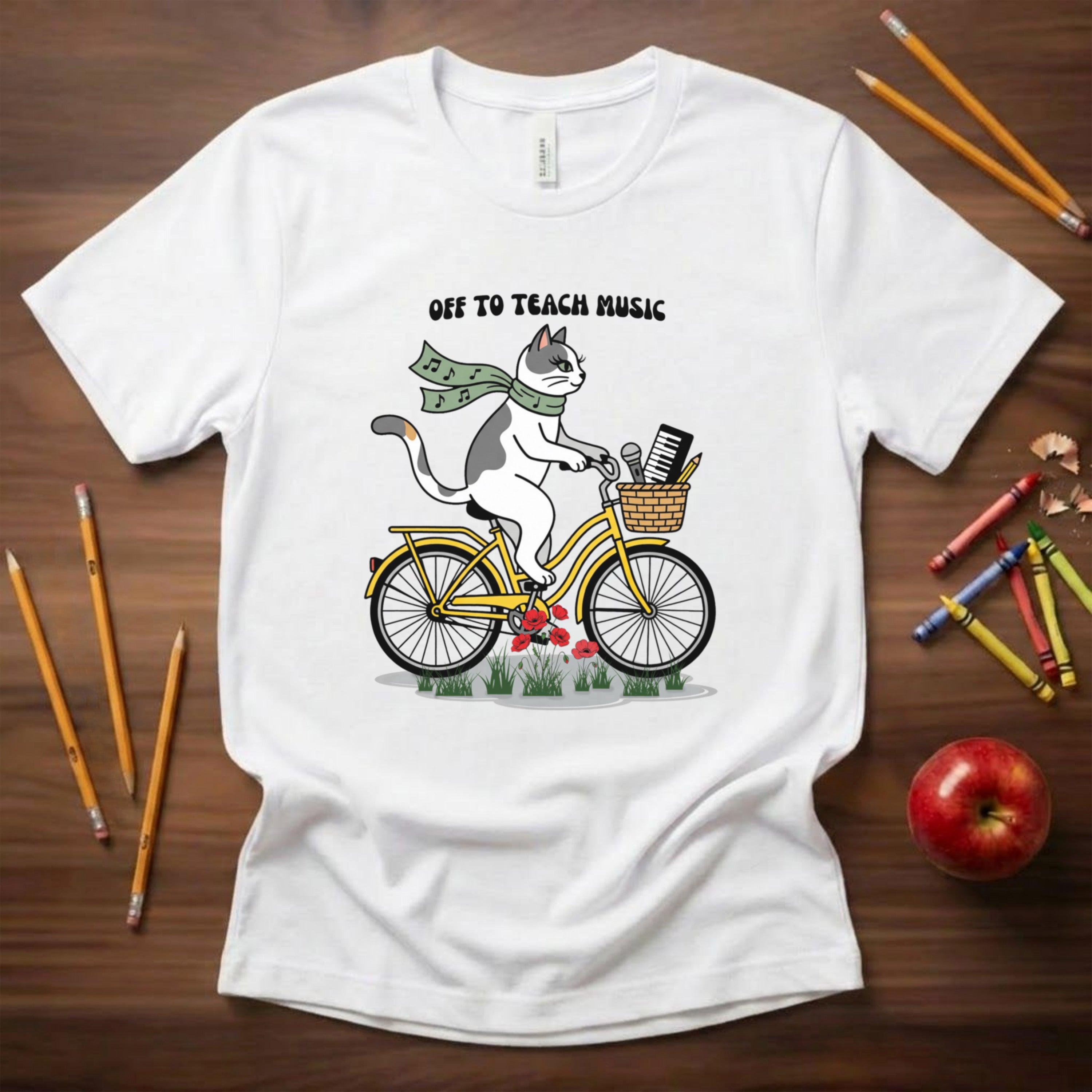 Music Teacher Cat Shirt | Yellow Retro Cruiser Bike Floral Tee | Bella Canvas 3001