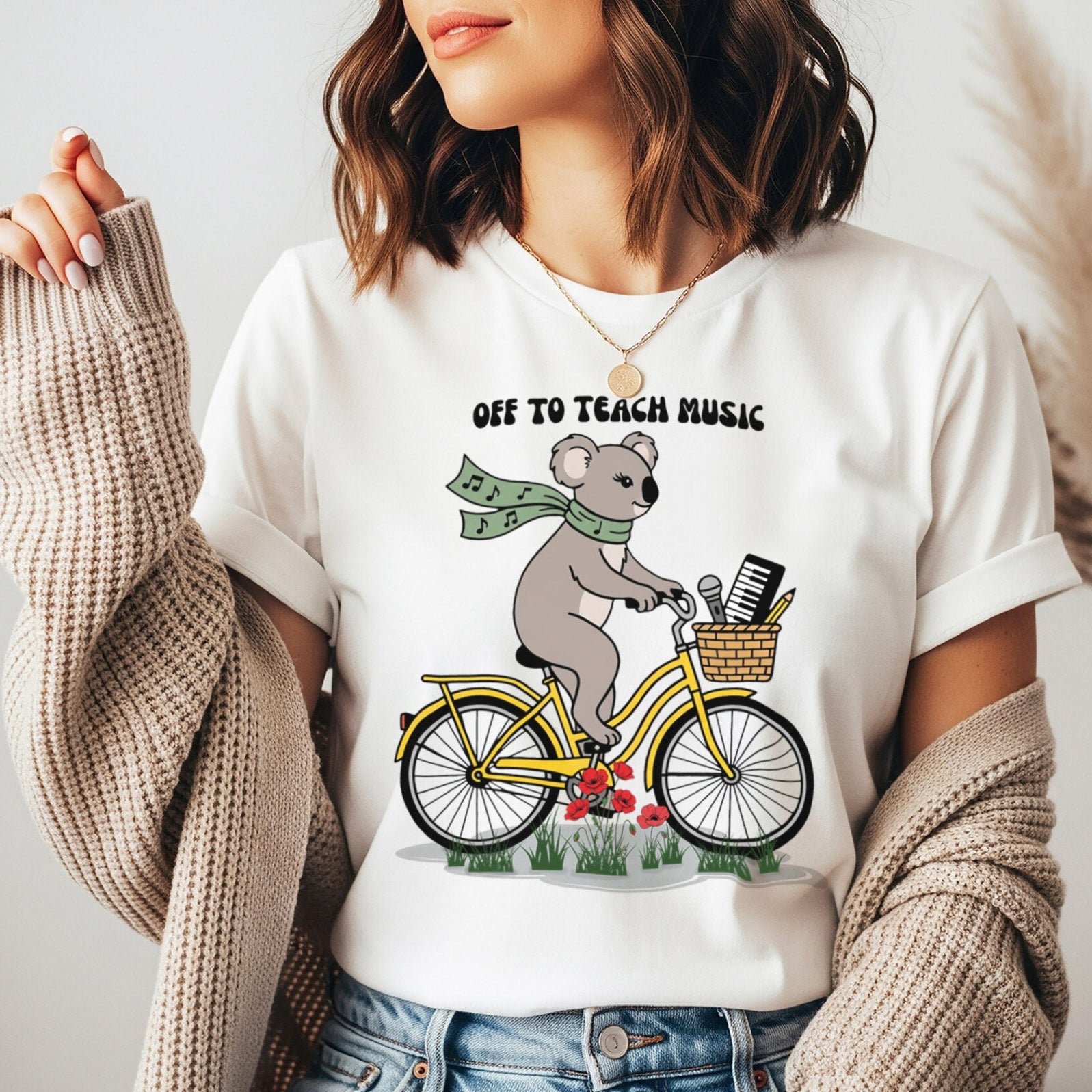 Music Teacher Koala Shirt | Yellow Retro Cruiser Bike Floral Tee | Funny Teacher Gift