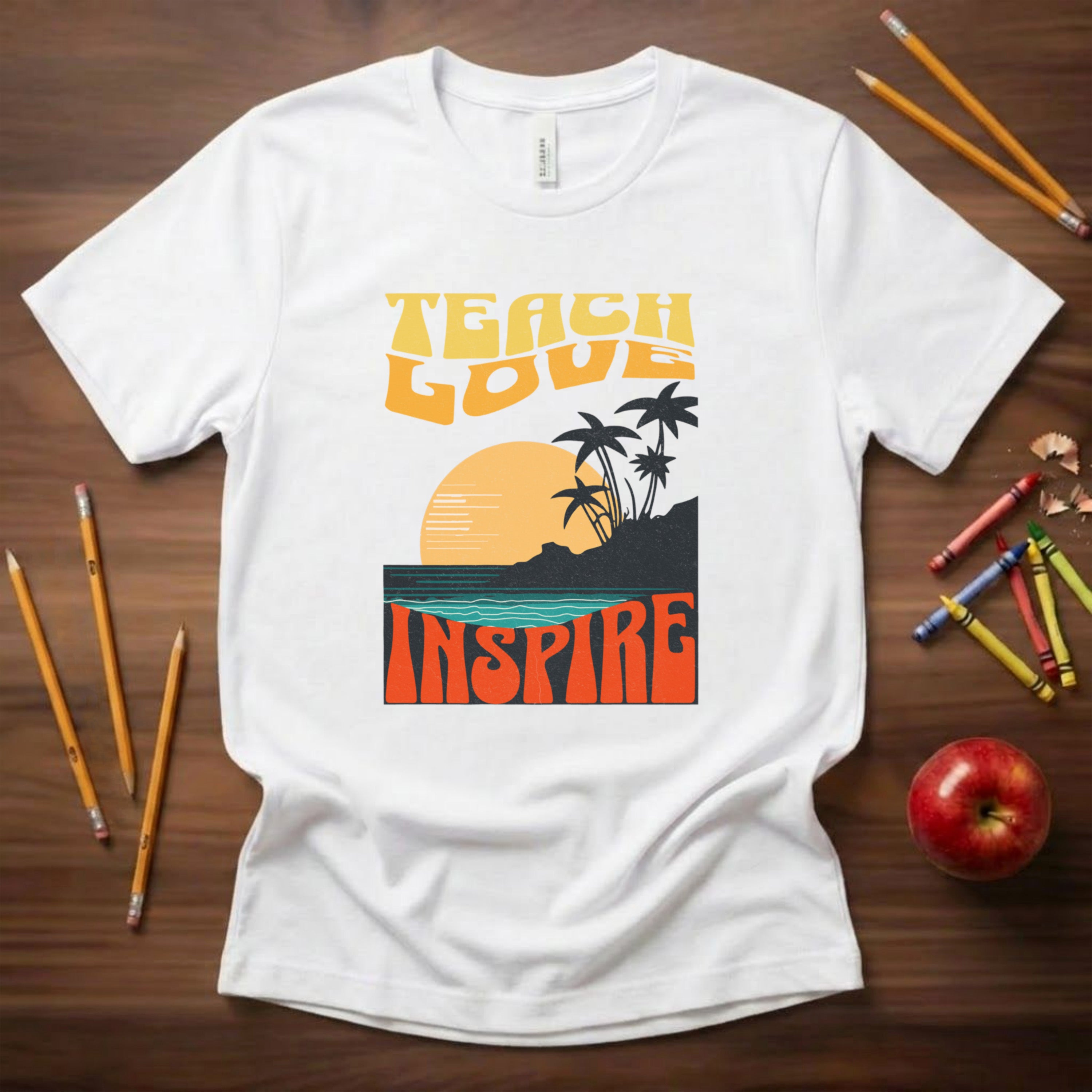 Teach Love Inspire Teacher Shirt | Sunset Retro Teacher Tee | Bella Canvas 3001