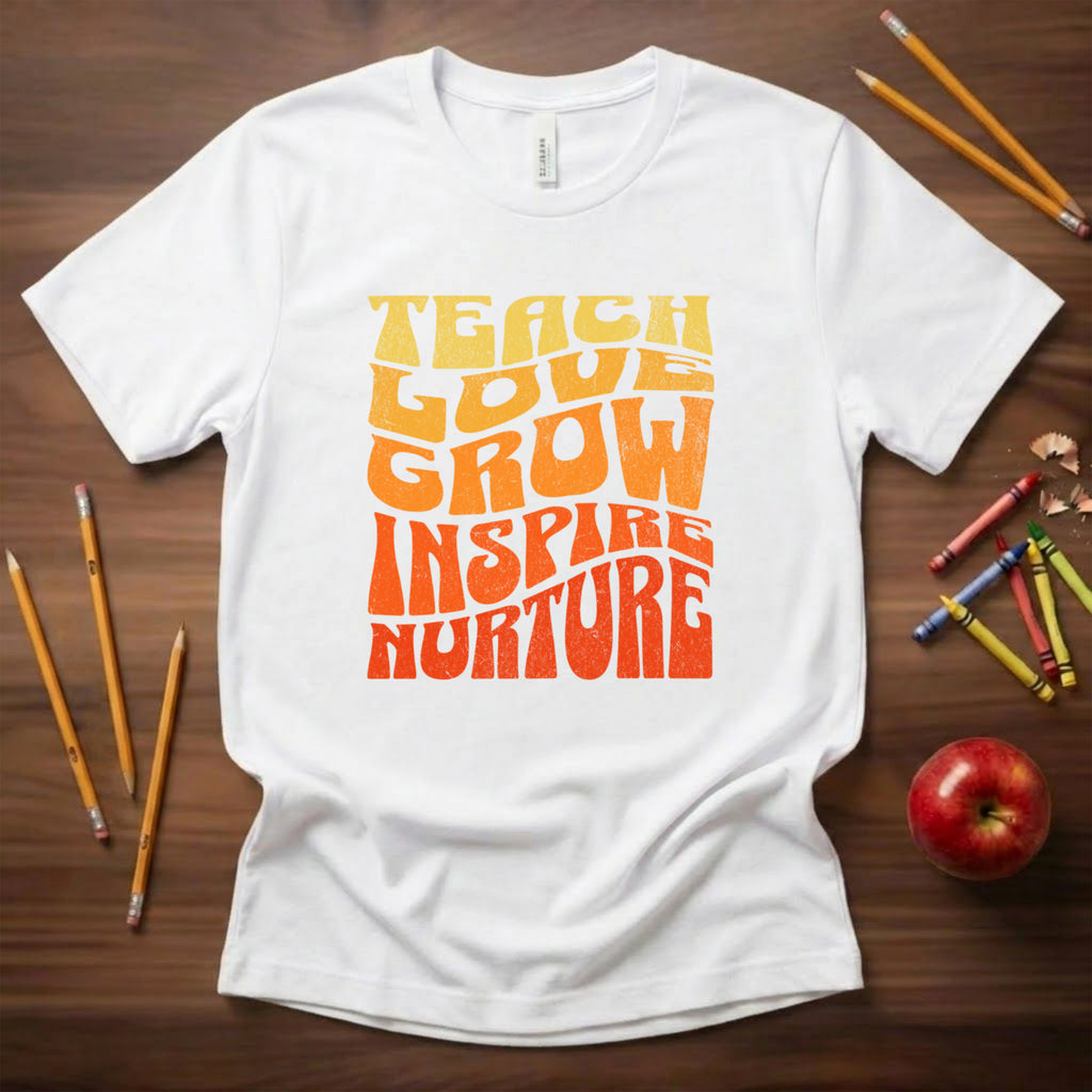 Teach Love Grow Inspire Nurture Teacher Shirt | Retro Groovy Teacher Tee | Bella Canvas 3001