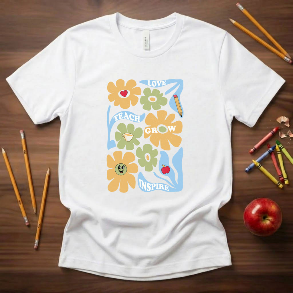 Teach Love Grow Inspire Floral Shirt | Retro Groovy Teacher Garden Tee | Aesthetic Teacher Gift | Bella Canvas 3001