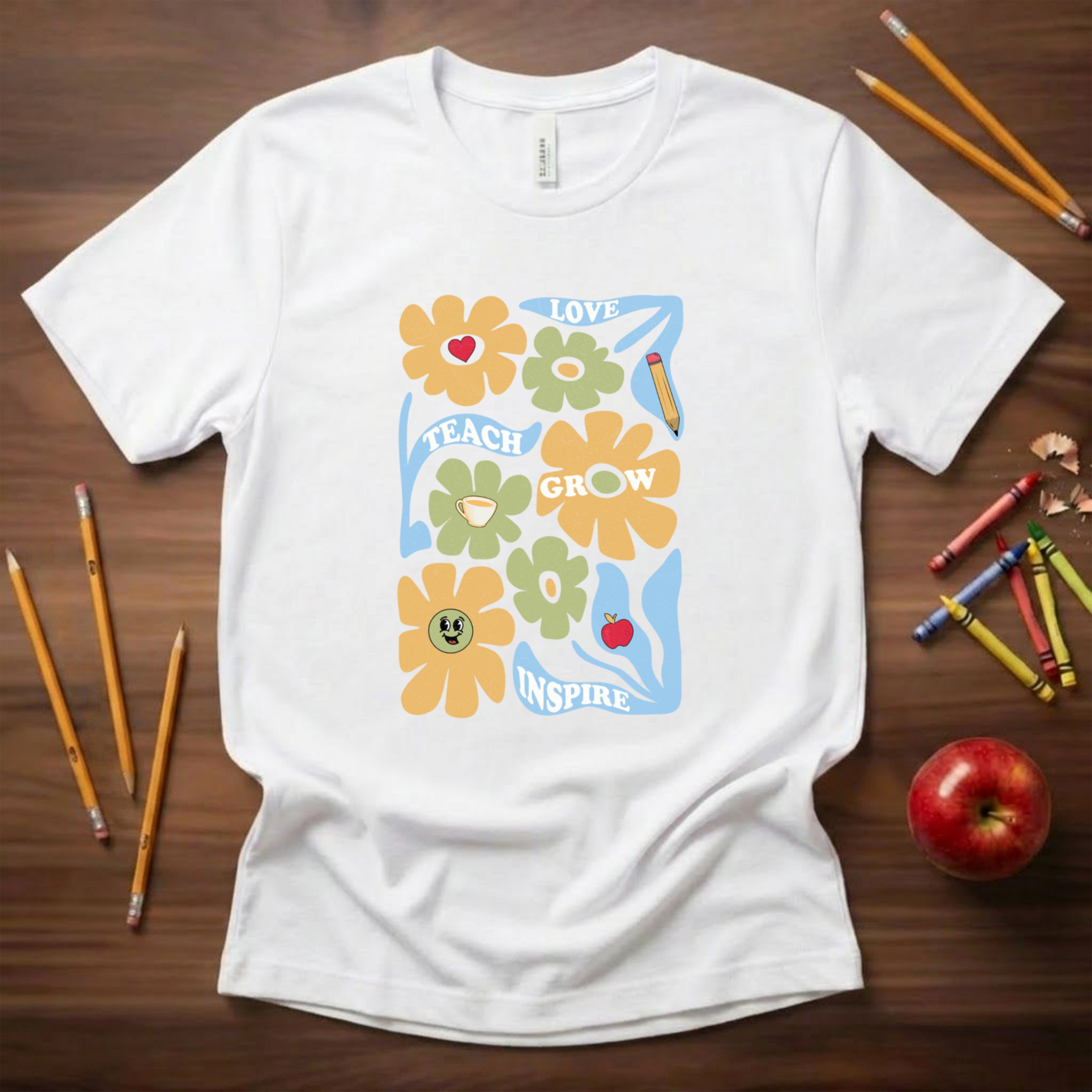 Teach Love Grow Inspire Floral Shirt | Retro Groovy Teacher Garden Tee | Aesthetic Teacher Gift | Bella Canvas 3001