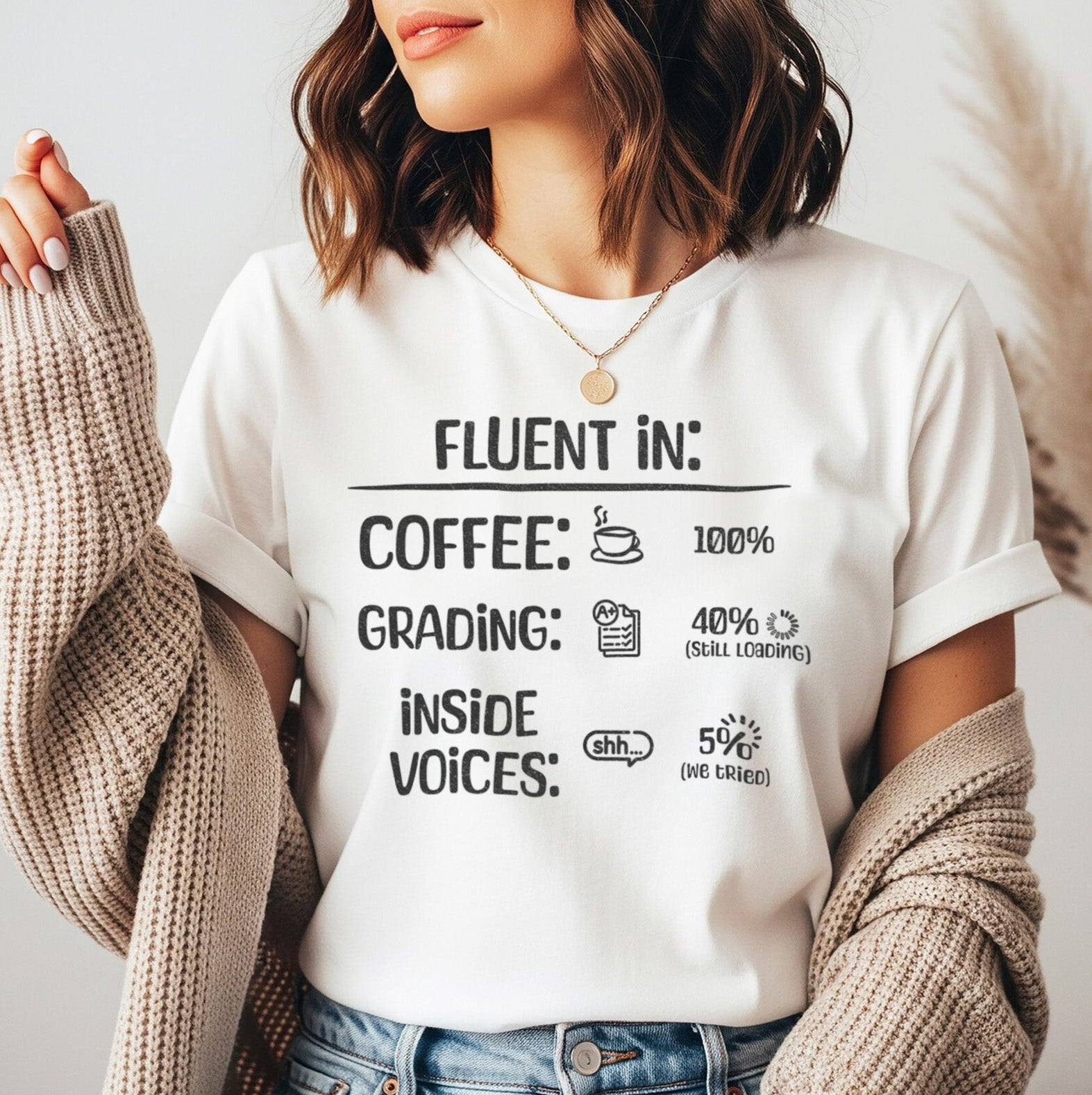 Fluent In Coffee and Grading Teacher Shirt | Funny Teacher Humor Tee