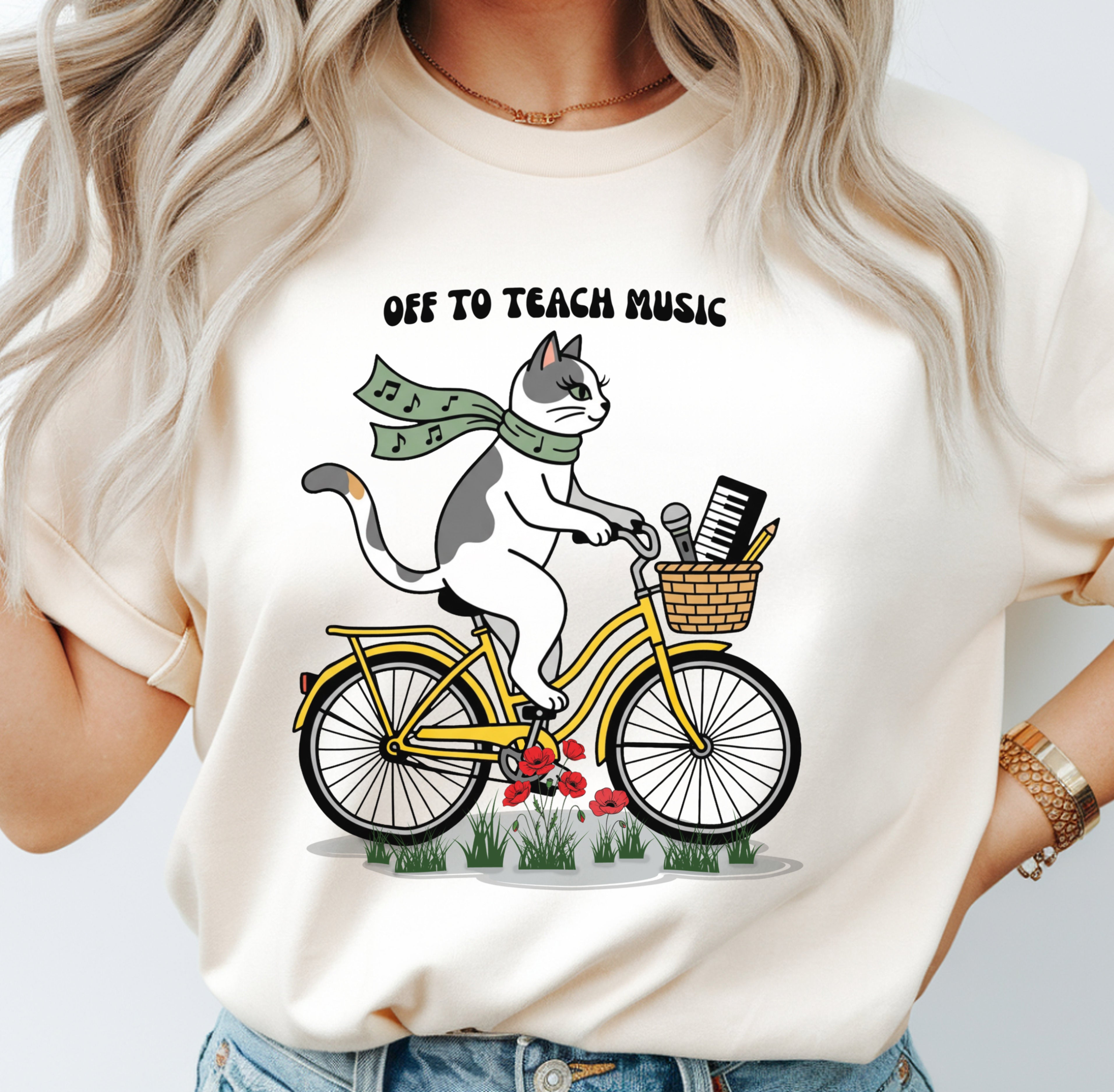 Music Teacher Cat Shirt | Yellow Retro Cruiser Bike Floral Tee | Premium Comfort Colors 1717 Vintage Tee
