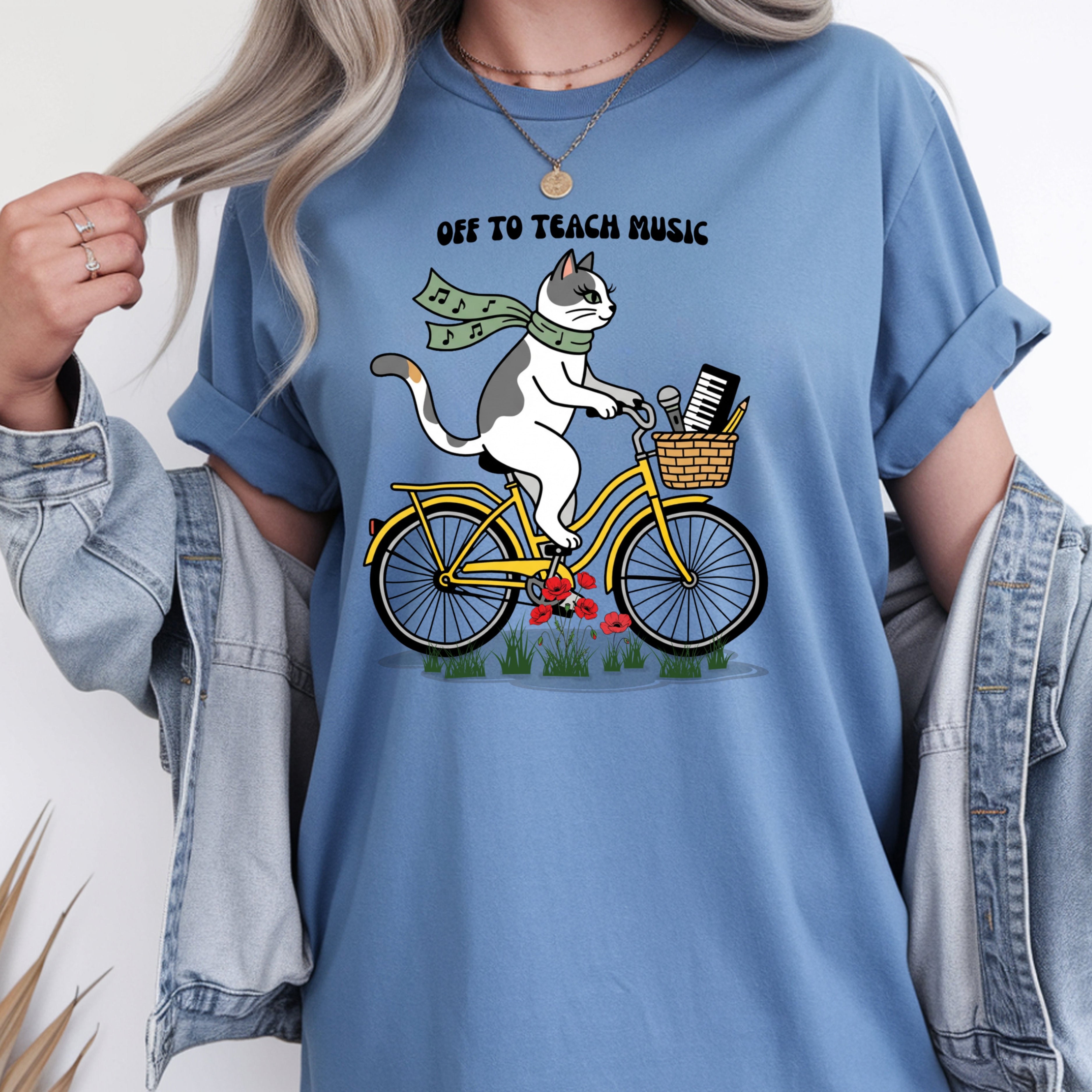 Music Teacher Cat Shirt | Yellow Retro Cruiser Bike Floral Tee | Premium Comfort Colors 1717 Vintage Tee
