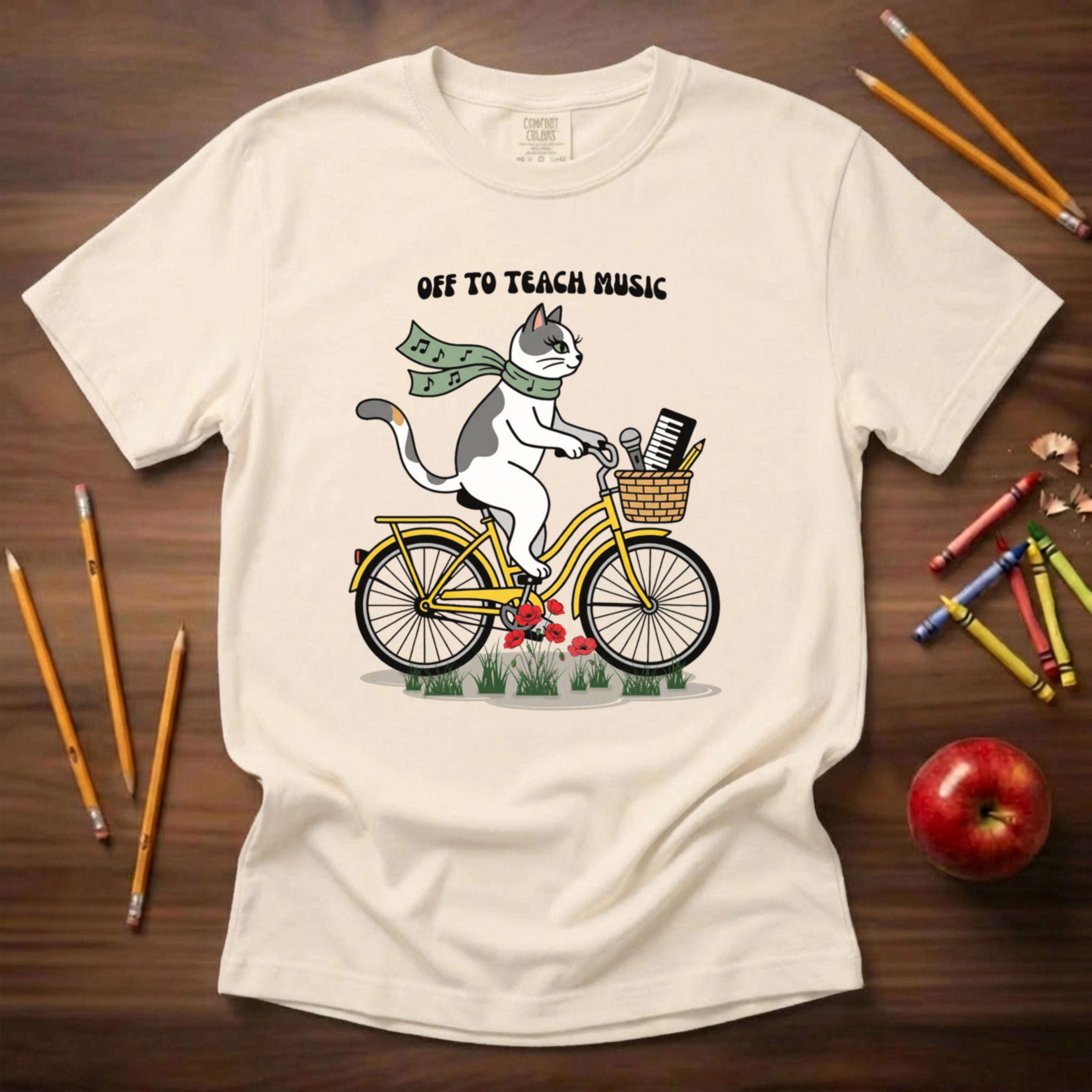 Music Teacher Cat Shirt | Yellow Retro Cruiser Bike Floral Tee | Premium Comfort Colors 1717 Vintage Tee