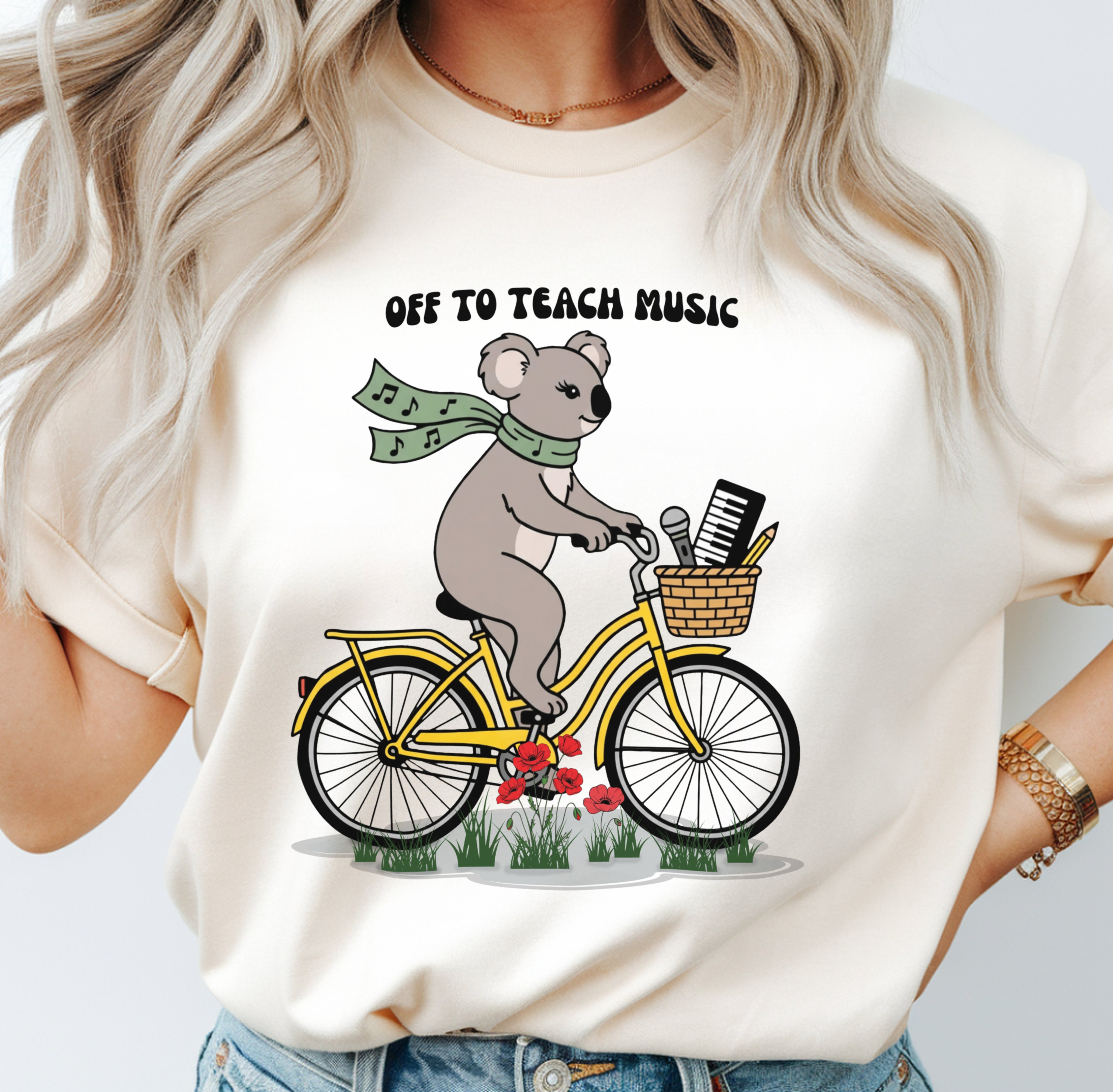 Music Teacher Koala Shirt | Yellow Retro Cruiser Bike Floral Tee | Premium Comfort Colors 1717 Vintage Tee