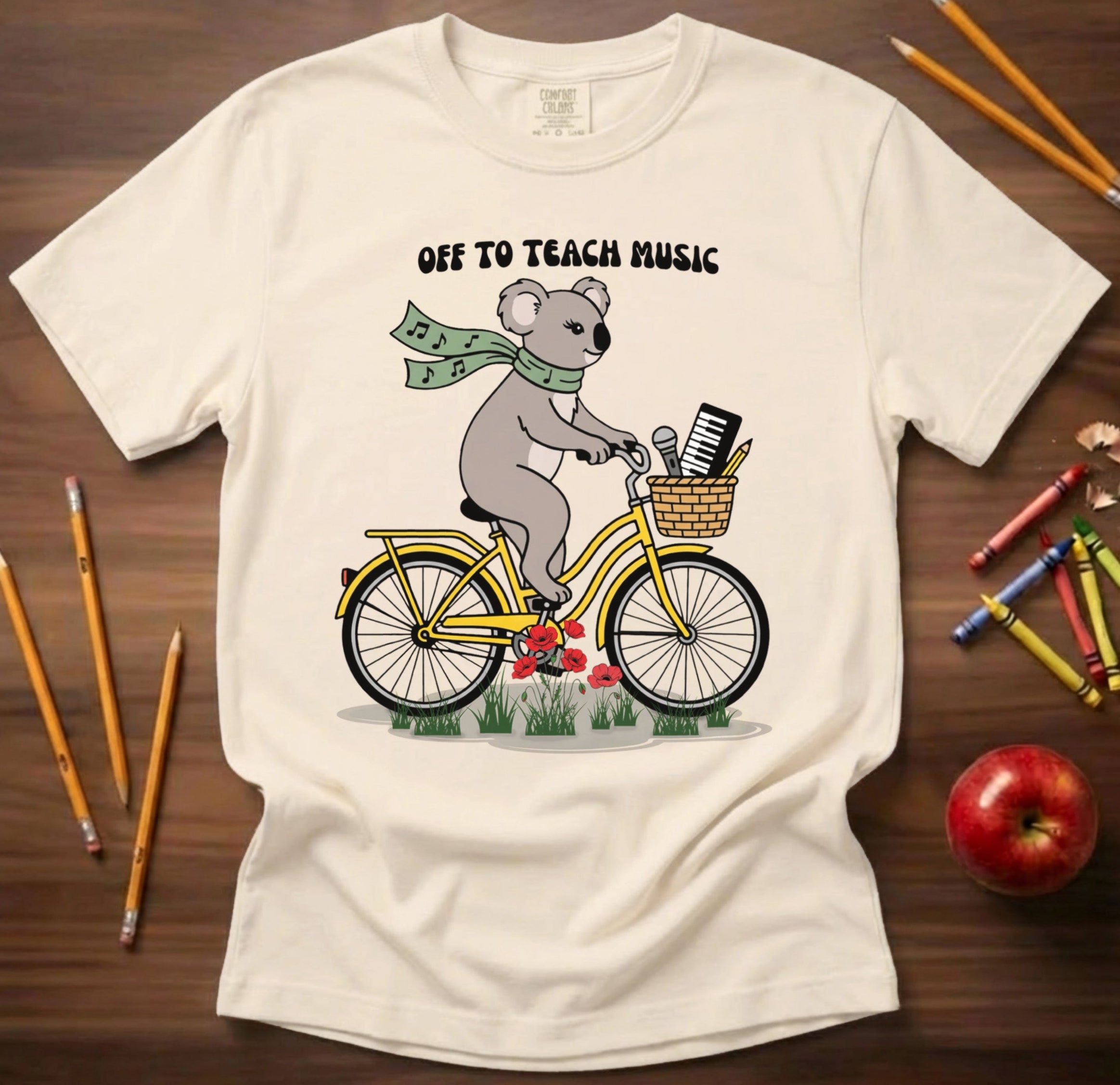 Music Teacher Koala Shirt | Yellow Retro Cruiser Bike Floral Tee | Premium Comfort Colors 1717 Vintage Tee