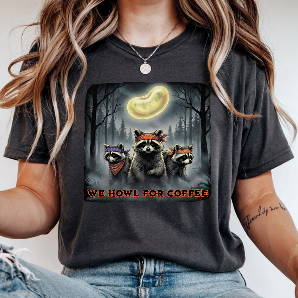We Howl for Coffee Teacher Shirt | Retro Raccoon Coffee Moon Tee | Bella Canvas 3001