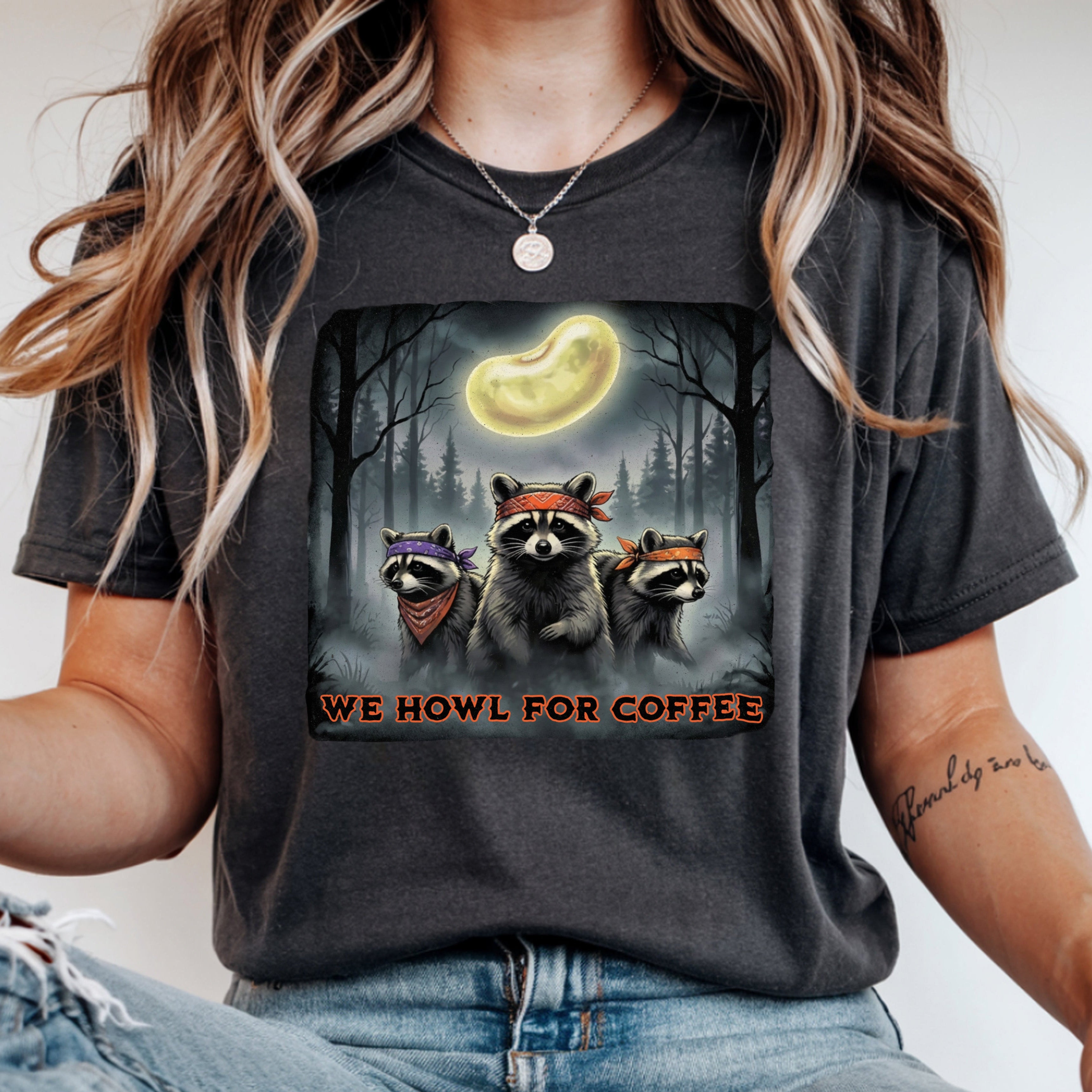 We Howl for Coffee Teacher Shirt | Retro Raccoon Coffee Moon Tee | Bella Canvas 3001