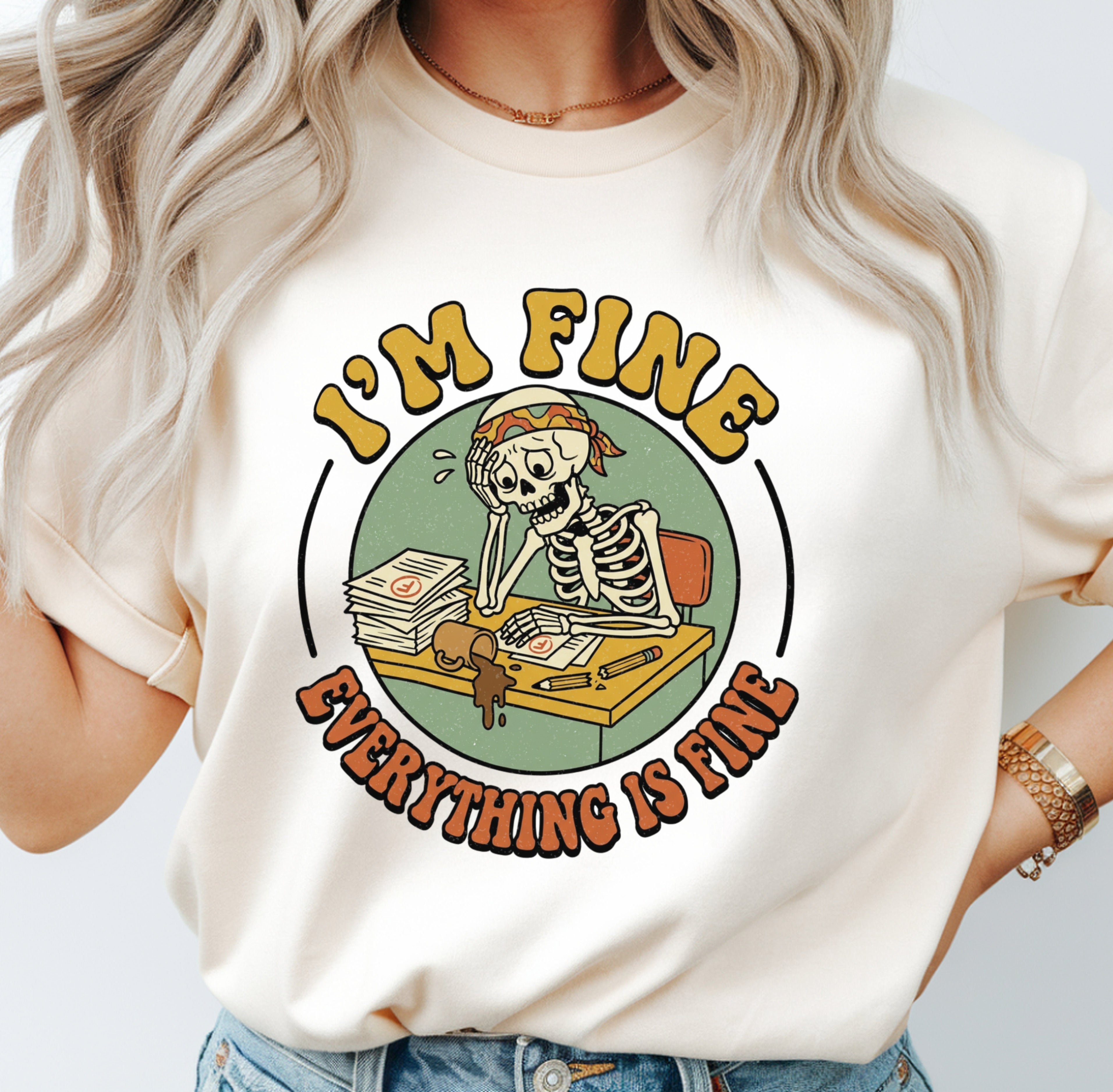 I’m Fine Everything Is Fine Teacher Shirt | Funny Grading Skeleton Tee