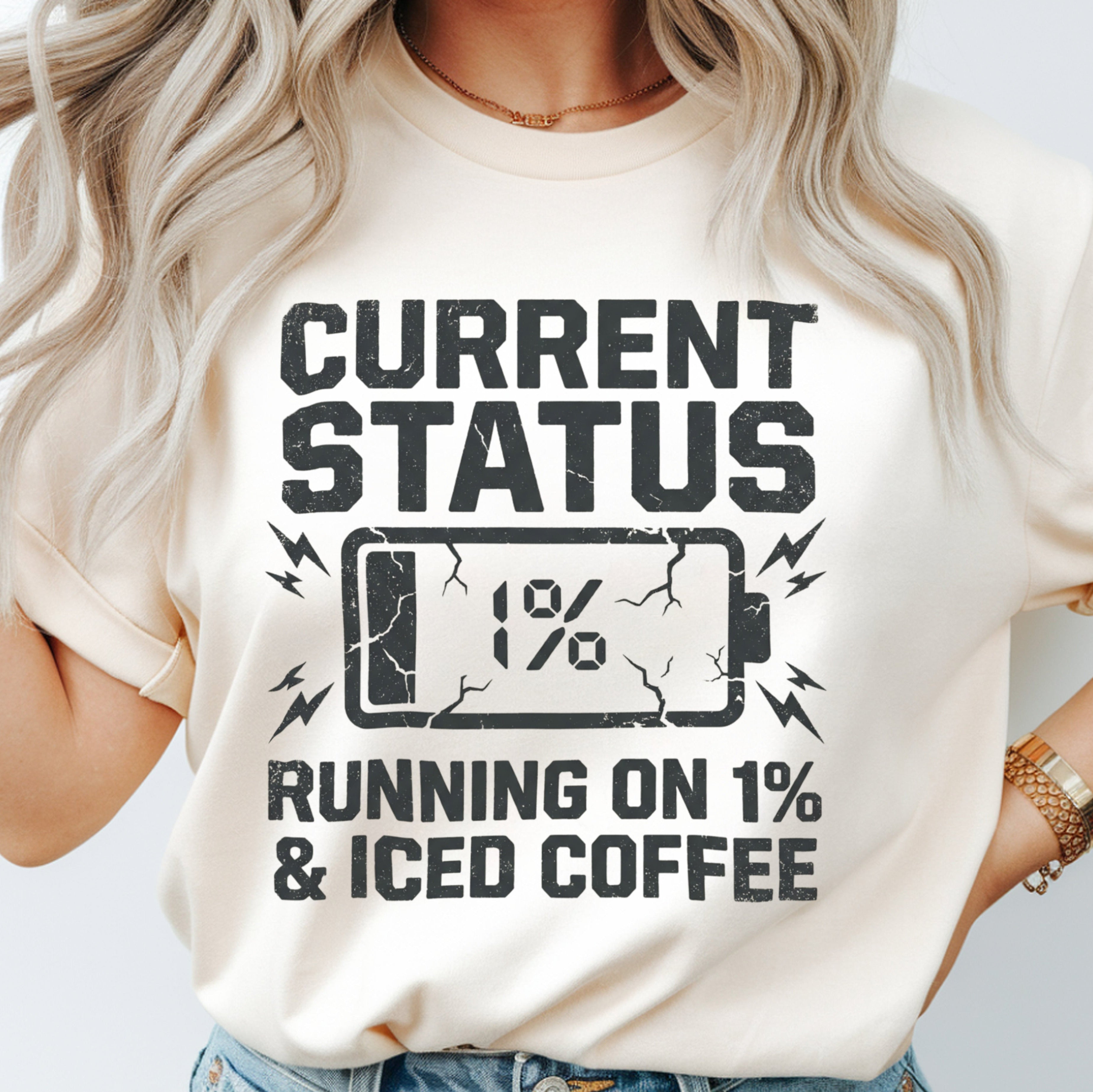 Running on 1% and Iced Coffee Teacher Shirt | Funny Battery Tee