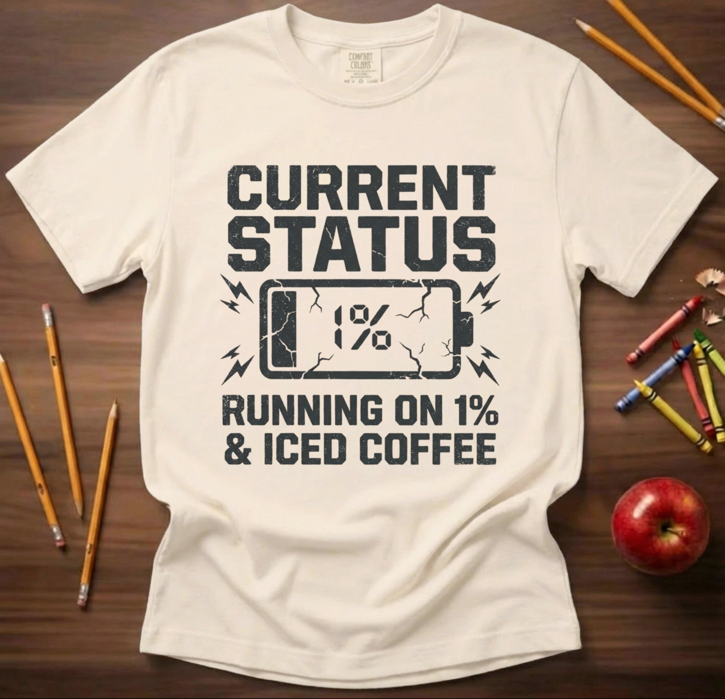 Running on 1% and Iced Coffee Teacher Shirt | Funny Battery Tee