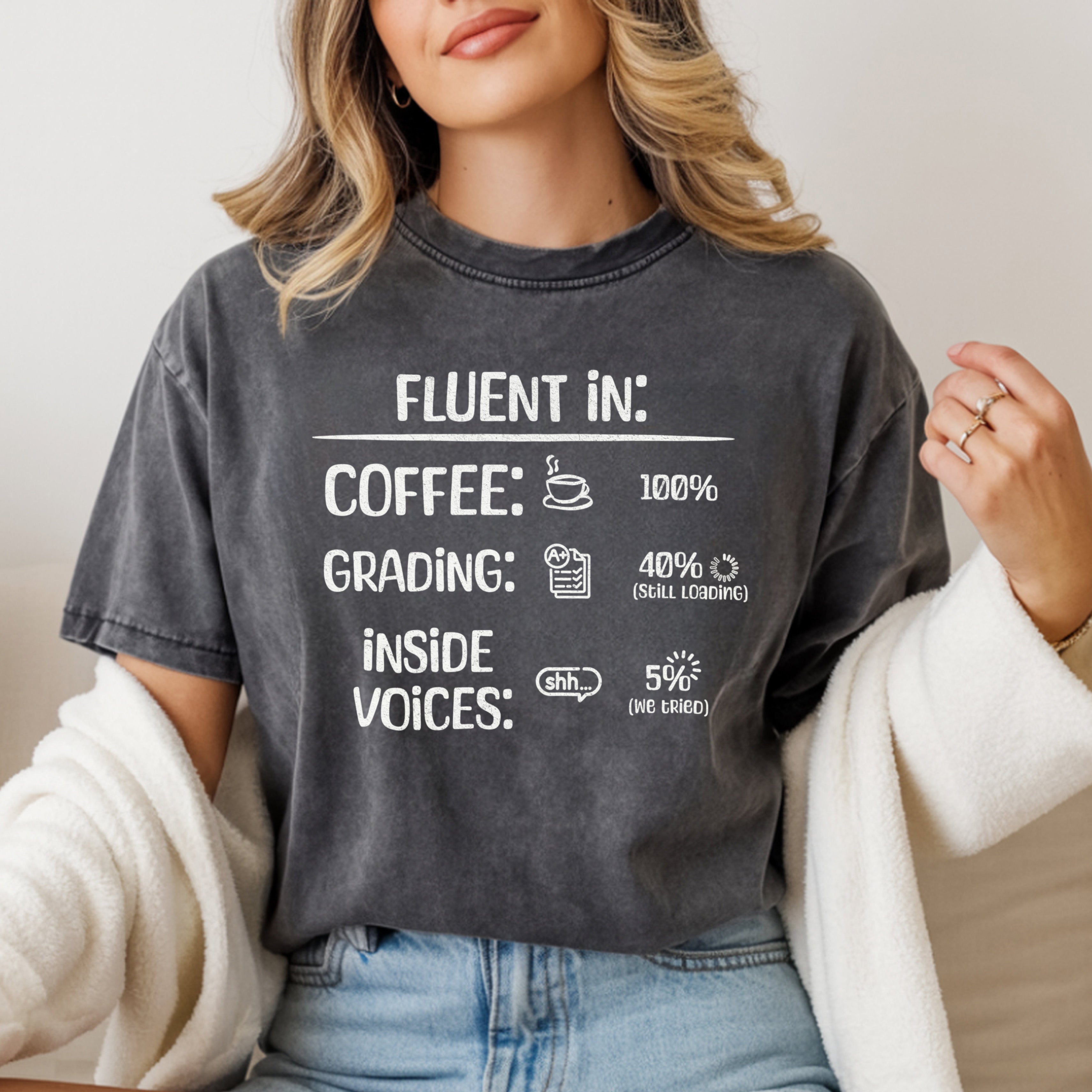 Fluent In Coffee and Grading Teacher Shirt | Funny Teacher Humor Tee | Inside Voices Attempted