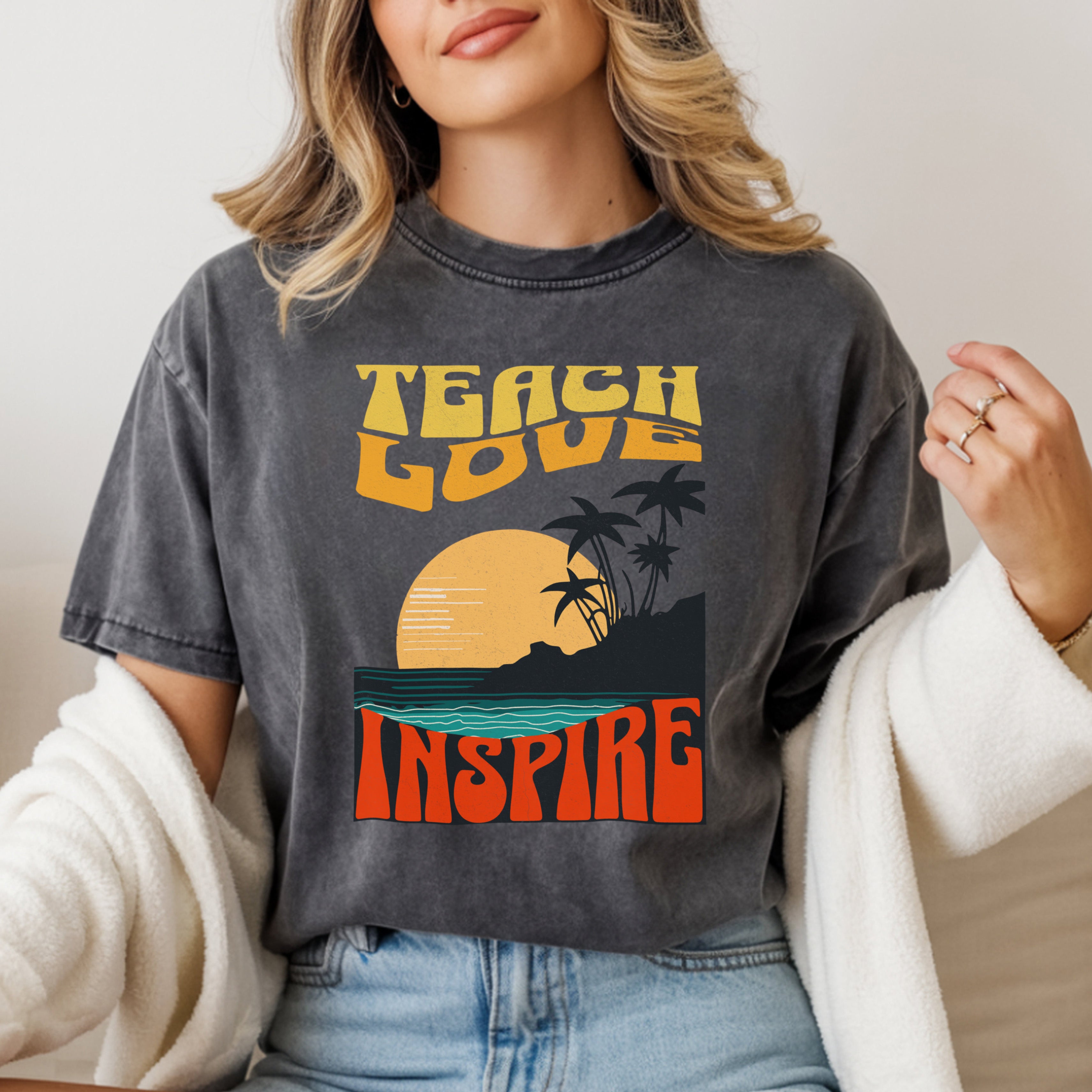 Teach Love Inspire Teacher Shirt | Sunset Retro Teacher Tee