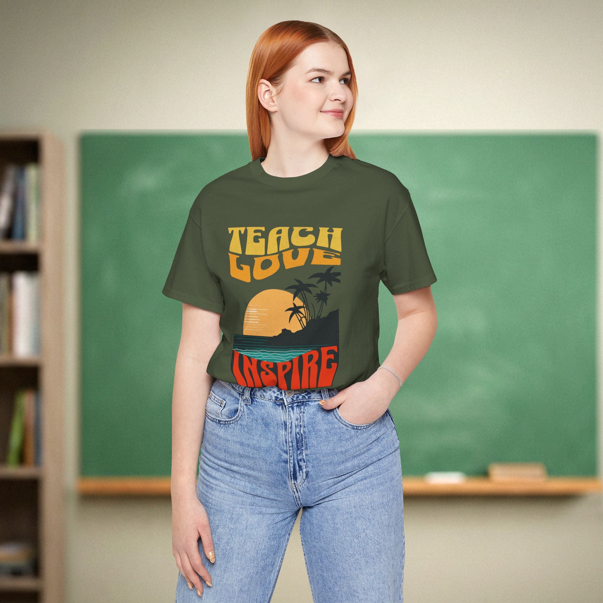 Teach Love Inspire Teacher Shirt | Sunset Retro Teacher Tee | Bella Canvas 3001