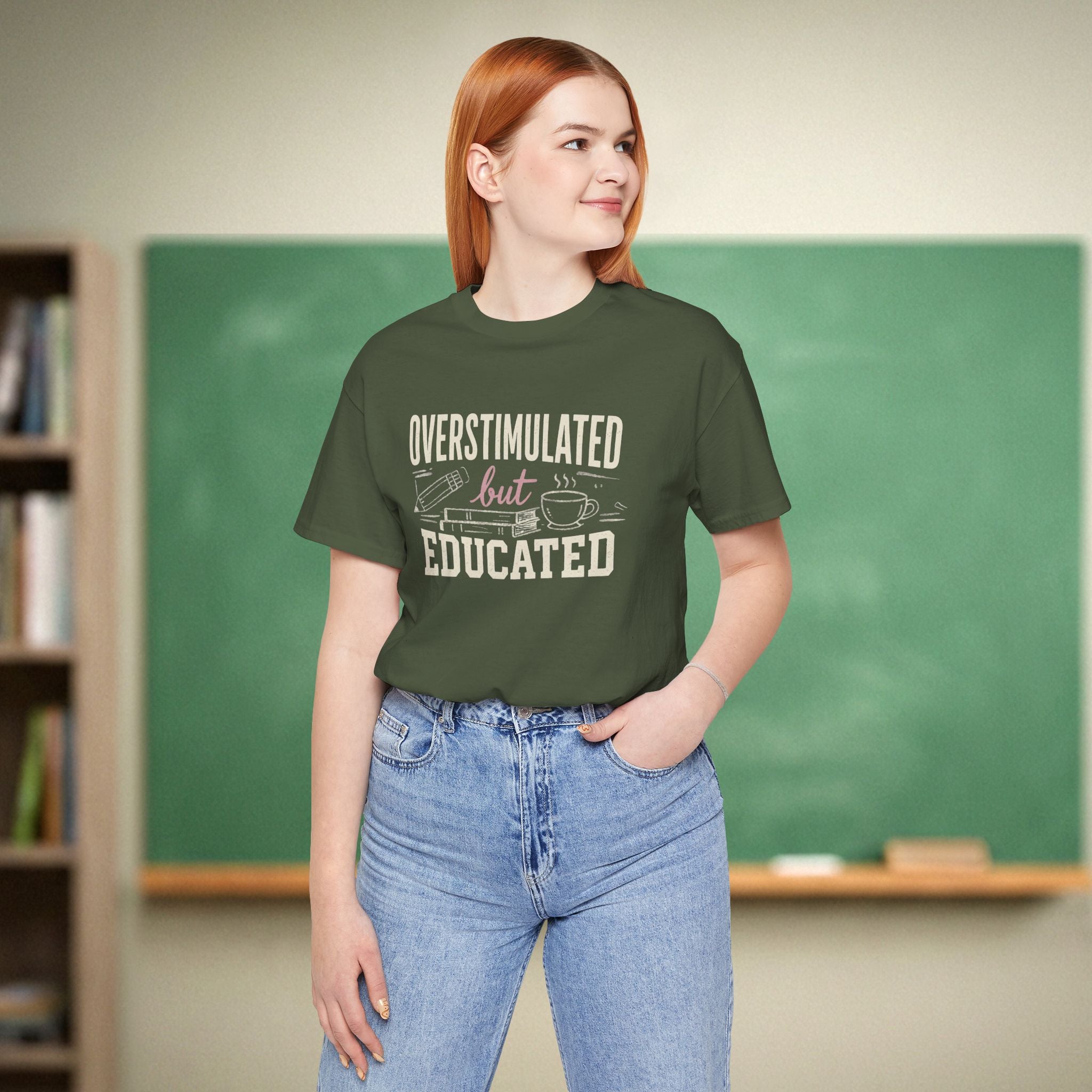 Overstimulated but Educated Teacher Shirt | Funny Coffee Book Tee | Premium Teacher Tee 🍎