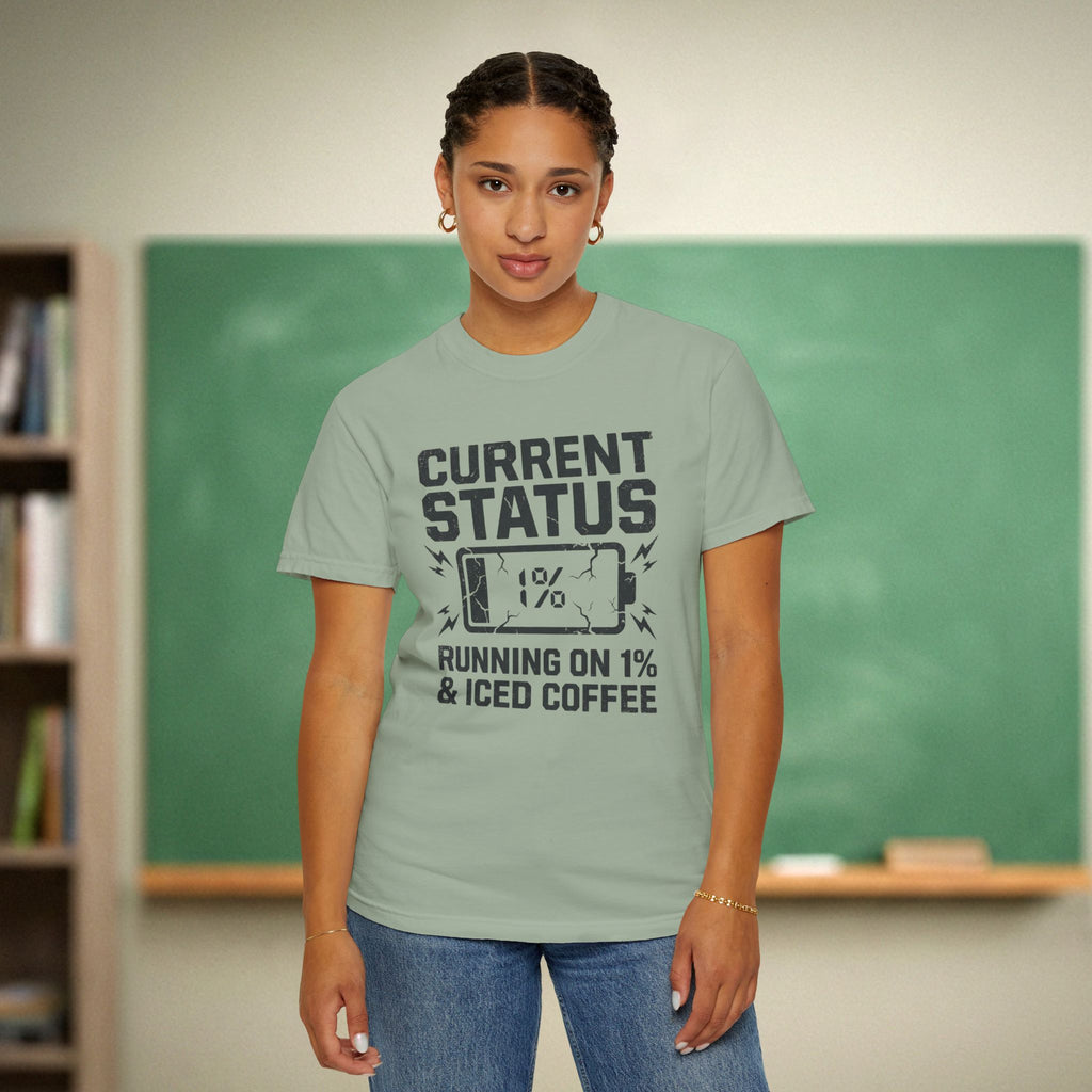 Running on 1% and Iced Coffee Teacher Shirt | Funny Battery Tee