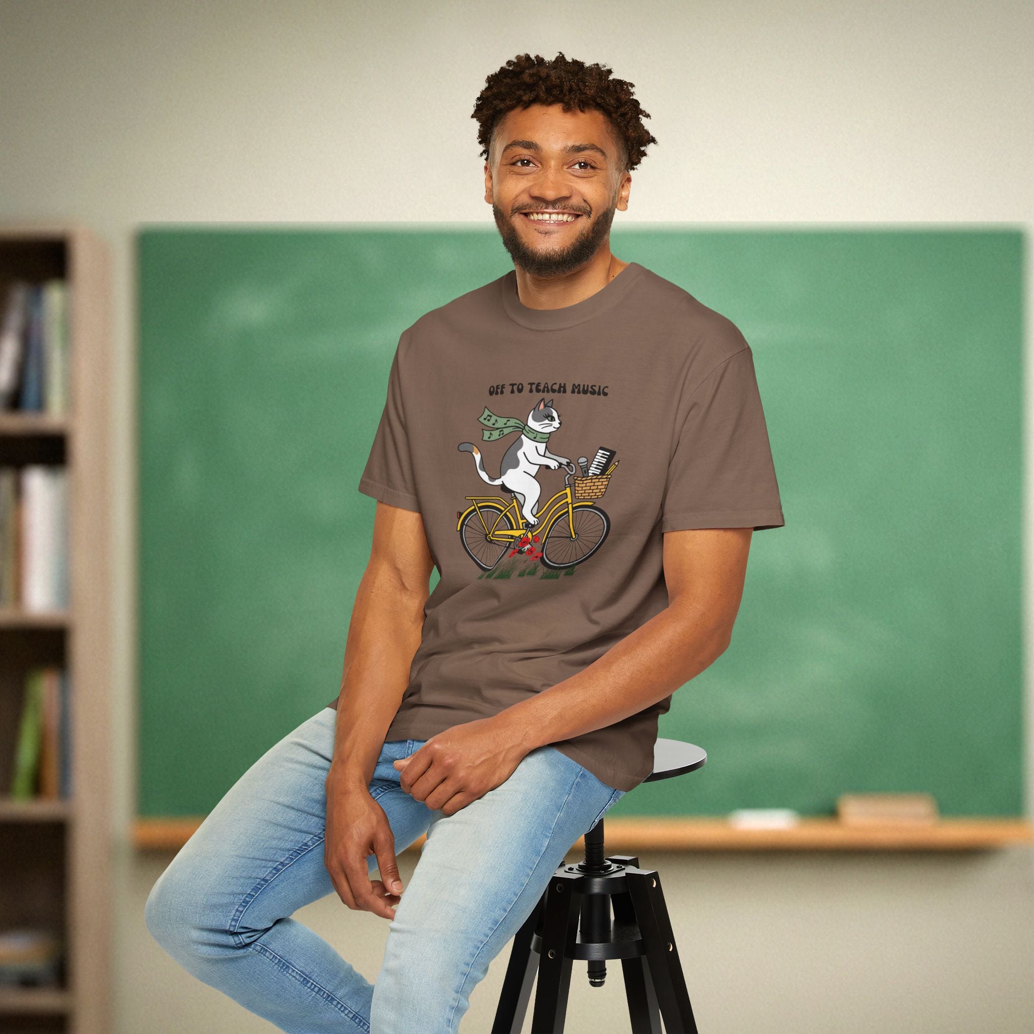 Music Teacher Cat Shirt | Yellow Retro Cruiser Bike Floral Tee | Premium Comfort Colors 1717 Vintage Tee