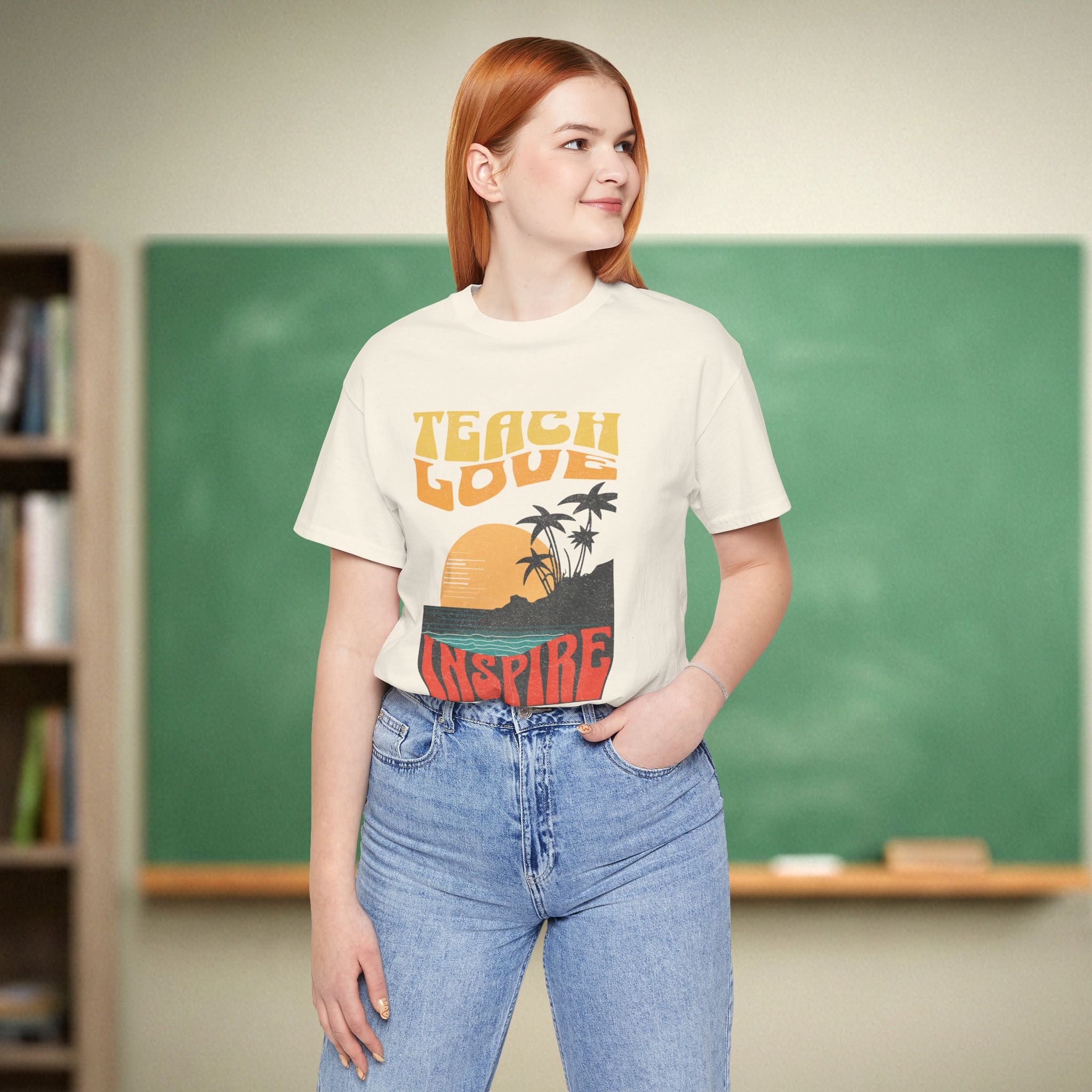 Teach Love Inspire Teacher Shirt | Sunset Retro Teacher Tee | Bella Canvas 3001