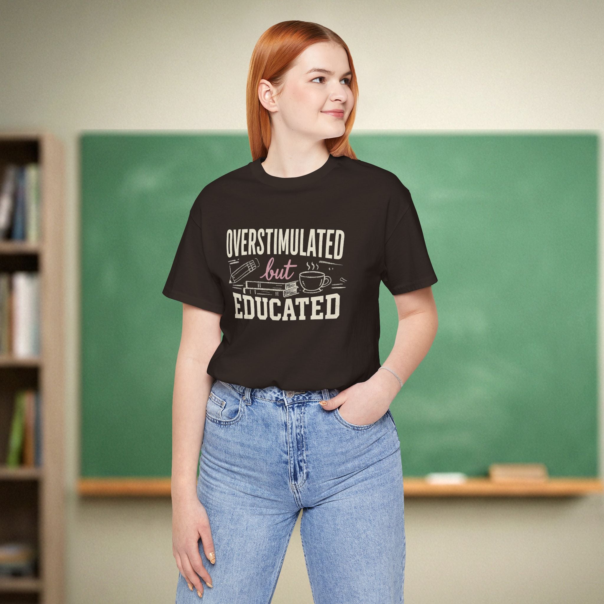 Overstimulated but Educated Teacher Shirt | Funny Coffee Book Tee | Premium Teacher Tee 🍎