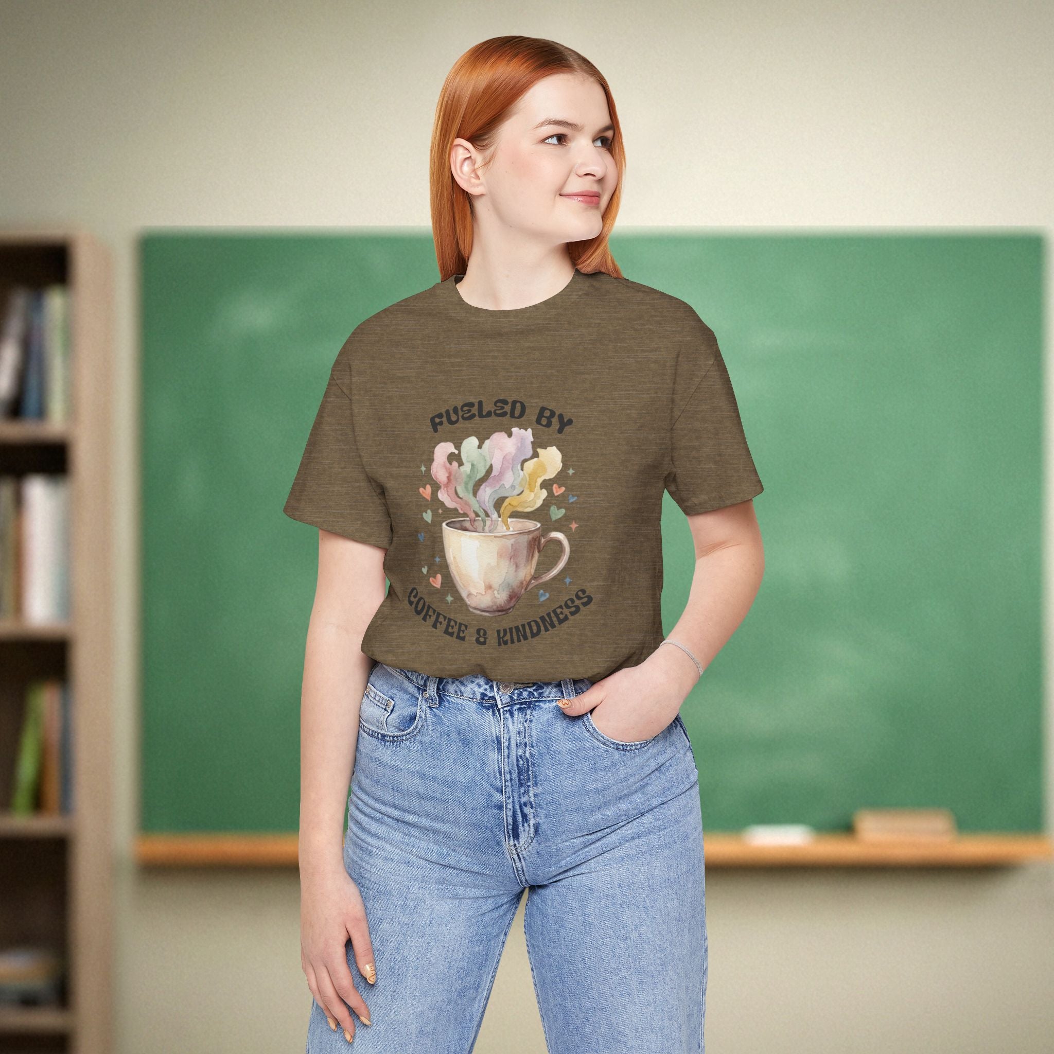 Fueled by Coffee and Kindness | Coffee Lover Teacher Shirt | Bella Canvas 3001