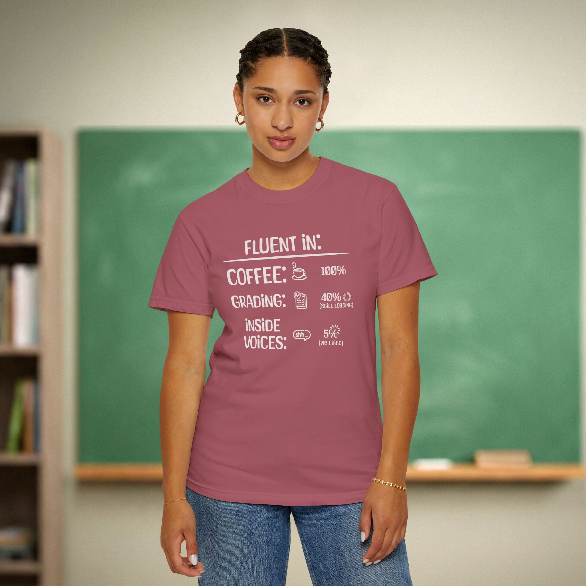 Fluent In Coffee and Grading Teacher Shirt | Funny Teacher Humor Tee | Inside Voices Attempted