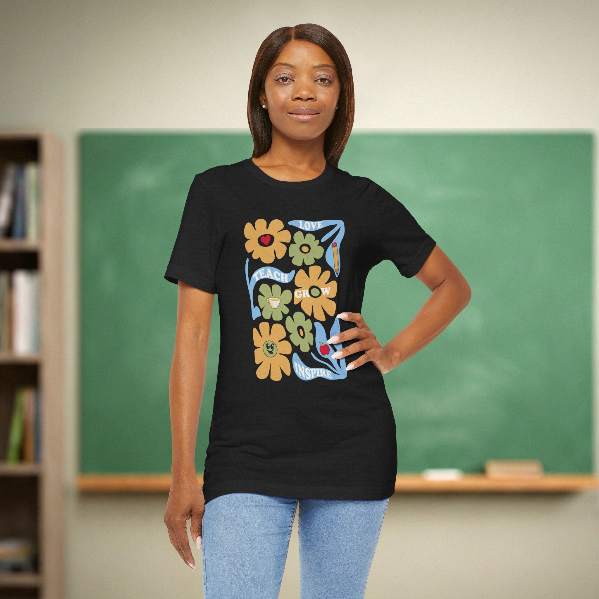 Teach Love Grow Inspire Floral Shirt | Retro Groovy Teacher Garden Tee | Aesthetic Teacher Gift | Bella Canvas 3001