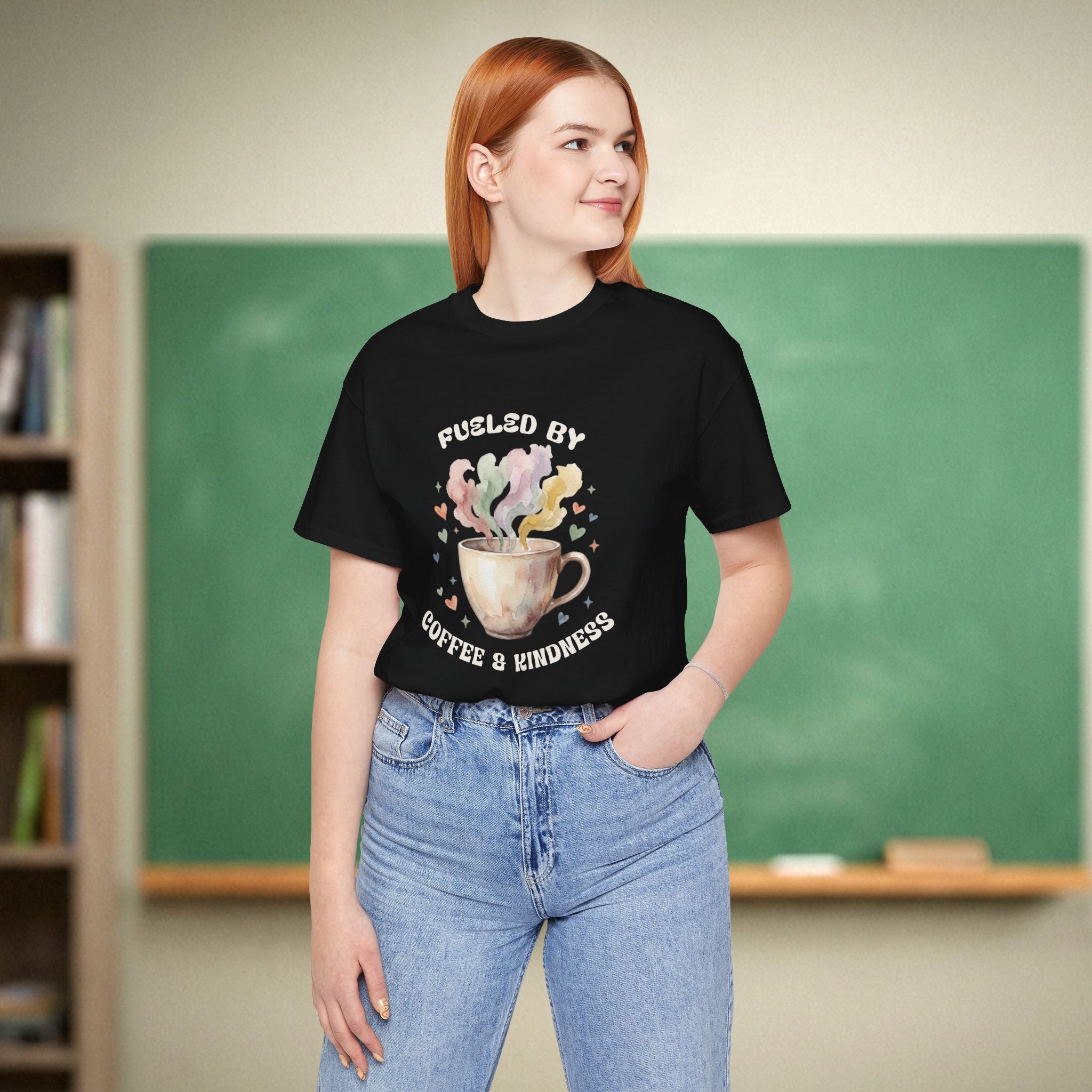 Fueled by Coffee and Kindness | Coffee Lover Teacher Shirt | Bella Canvas 3001