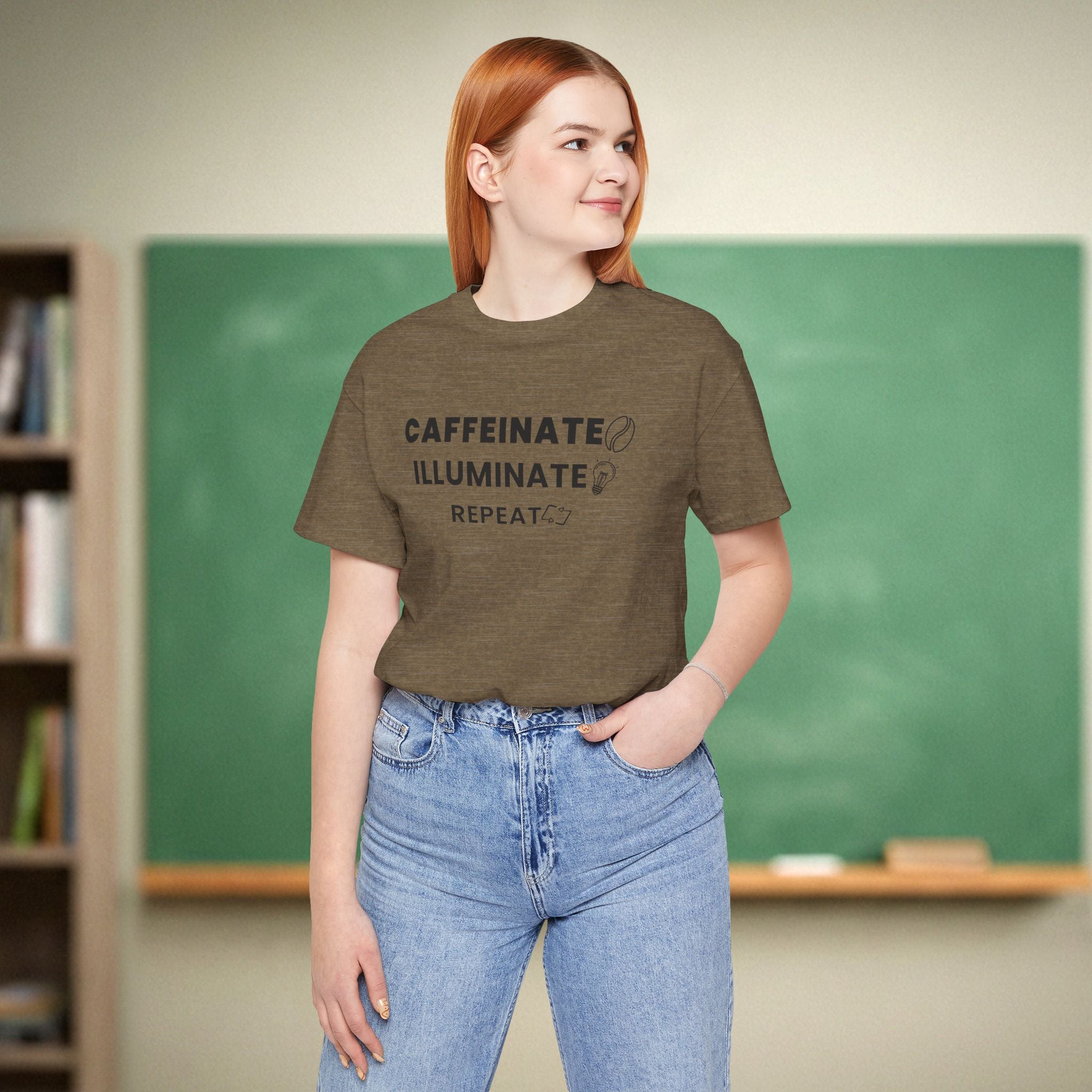 Caffeinate Illuminate Repeat Teacher Shirt | Daily Mantra Coffee Tee | Relatable Teacher Tee