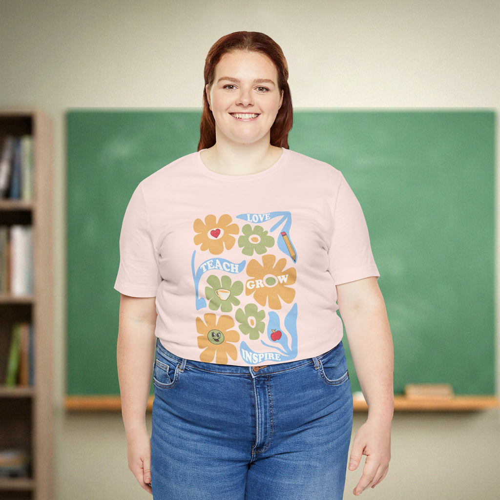 Teach Love Grow Inspire Floral Shirt | Retro Groovy Teacher Garden Tee | Aesthetic Teacher Gift | Bella Canvas 3001
