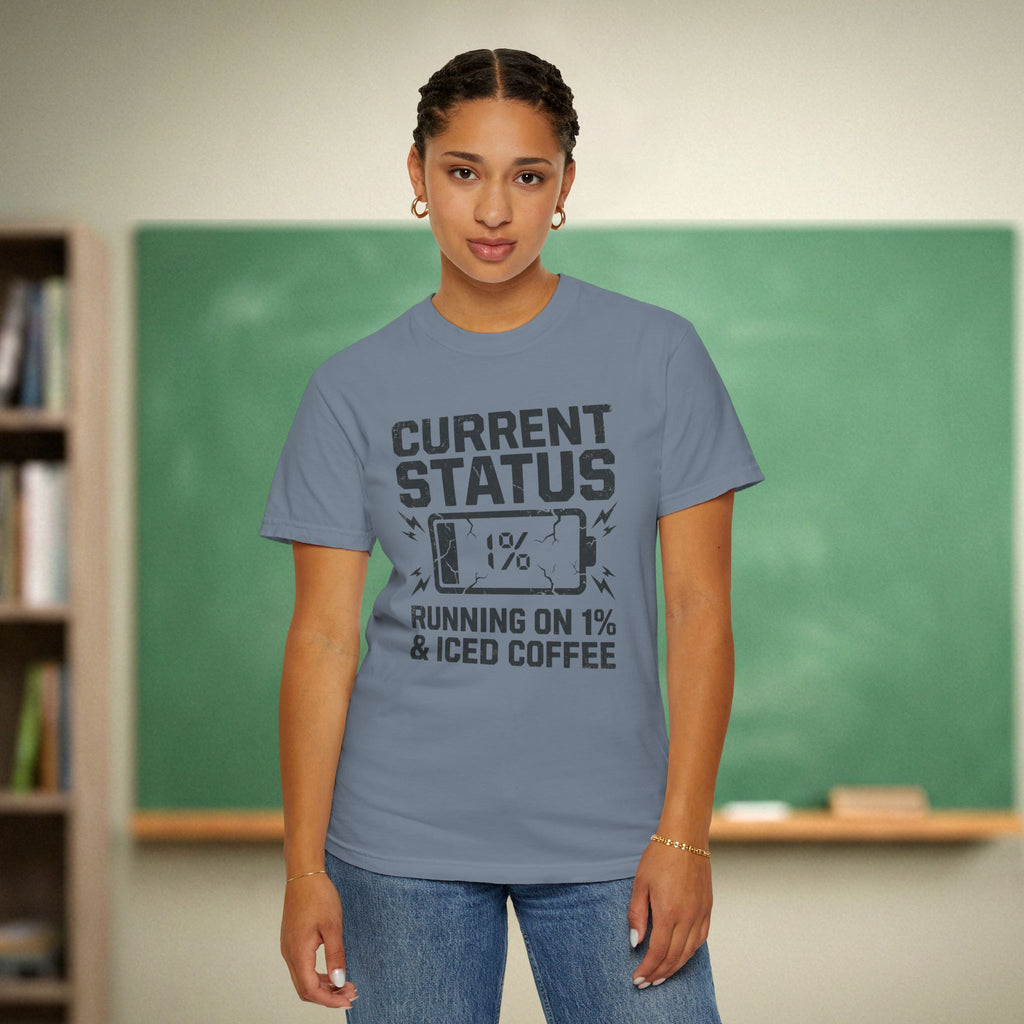 Running on 1% and Iced Coffee Teacher Shirt | Funny Battery Tee
