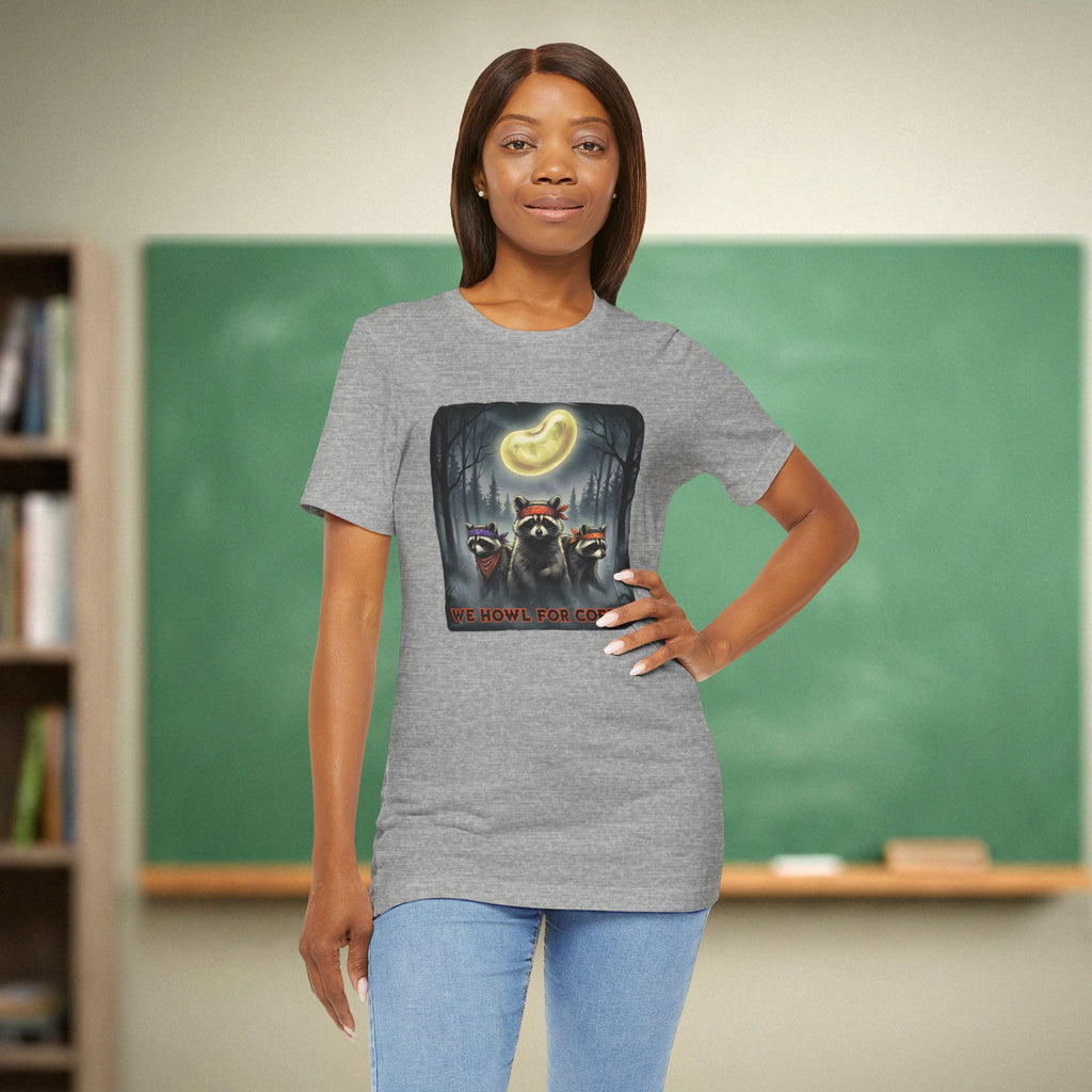 We Howl for Coffee Teacher Shirt | Retro Raccoon Coffee Moon Tee | Bella Canvas 3001